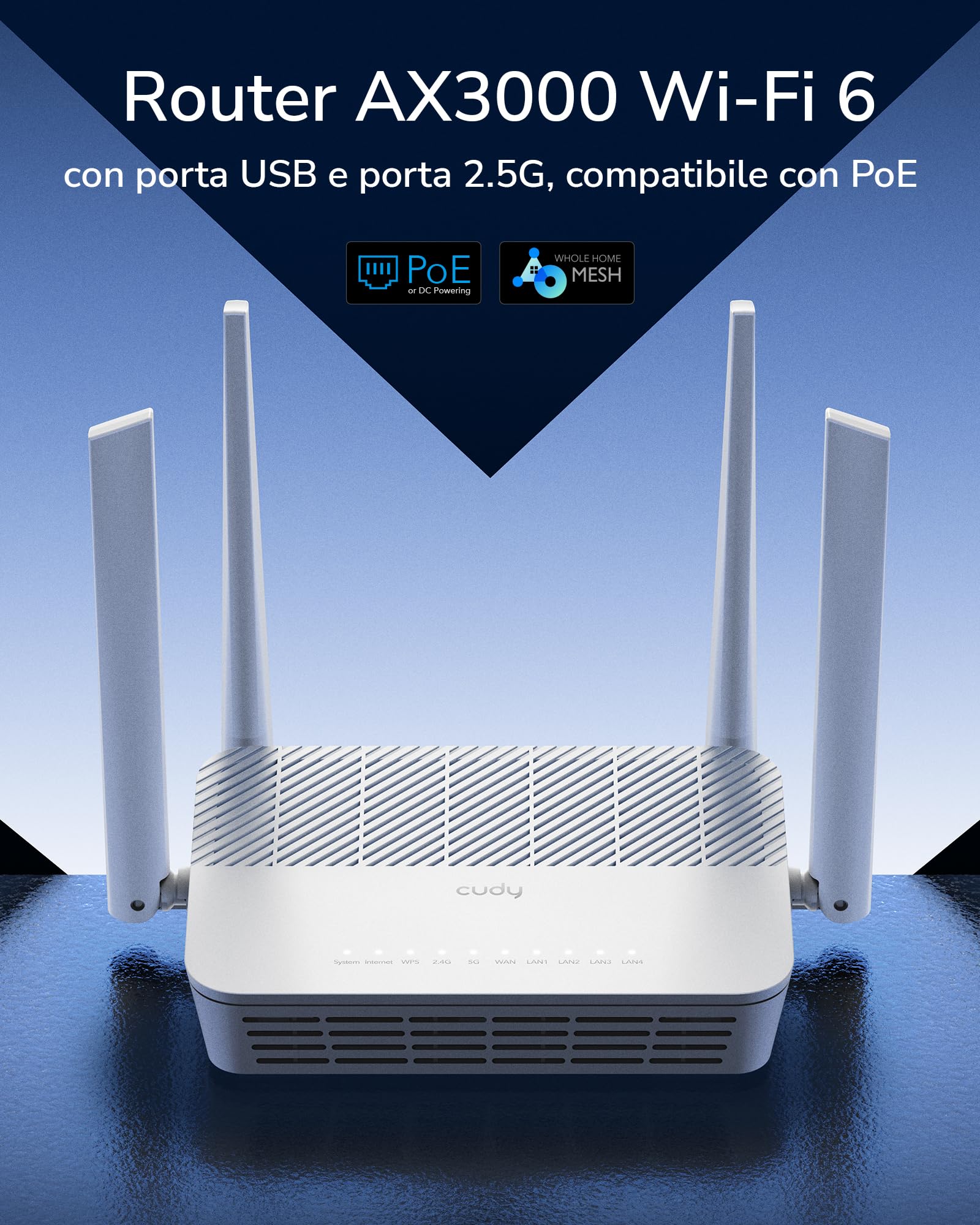Router Cudy AX3000 WiFi 6 2,5G PoE con porta USB, router VPN dual band, MU-MIMO, WireGuard, compatibile con Cudy Mesh, controllo tramite app, WR3000P