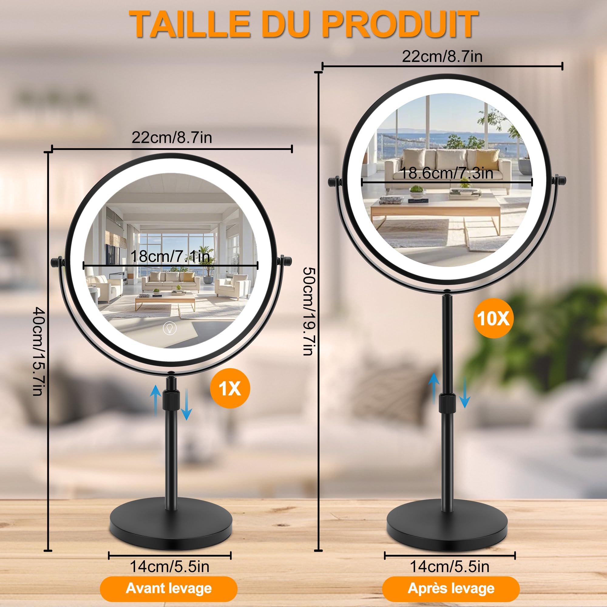Miroir De Maquillage LED Grossissant 1X/10X MEKOTRIN - Rechargeable, 3 Lumières, Réglable En Hauteur