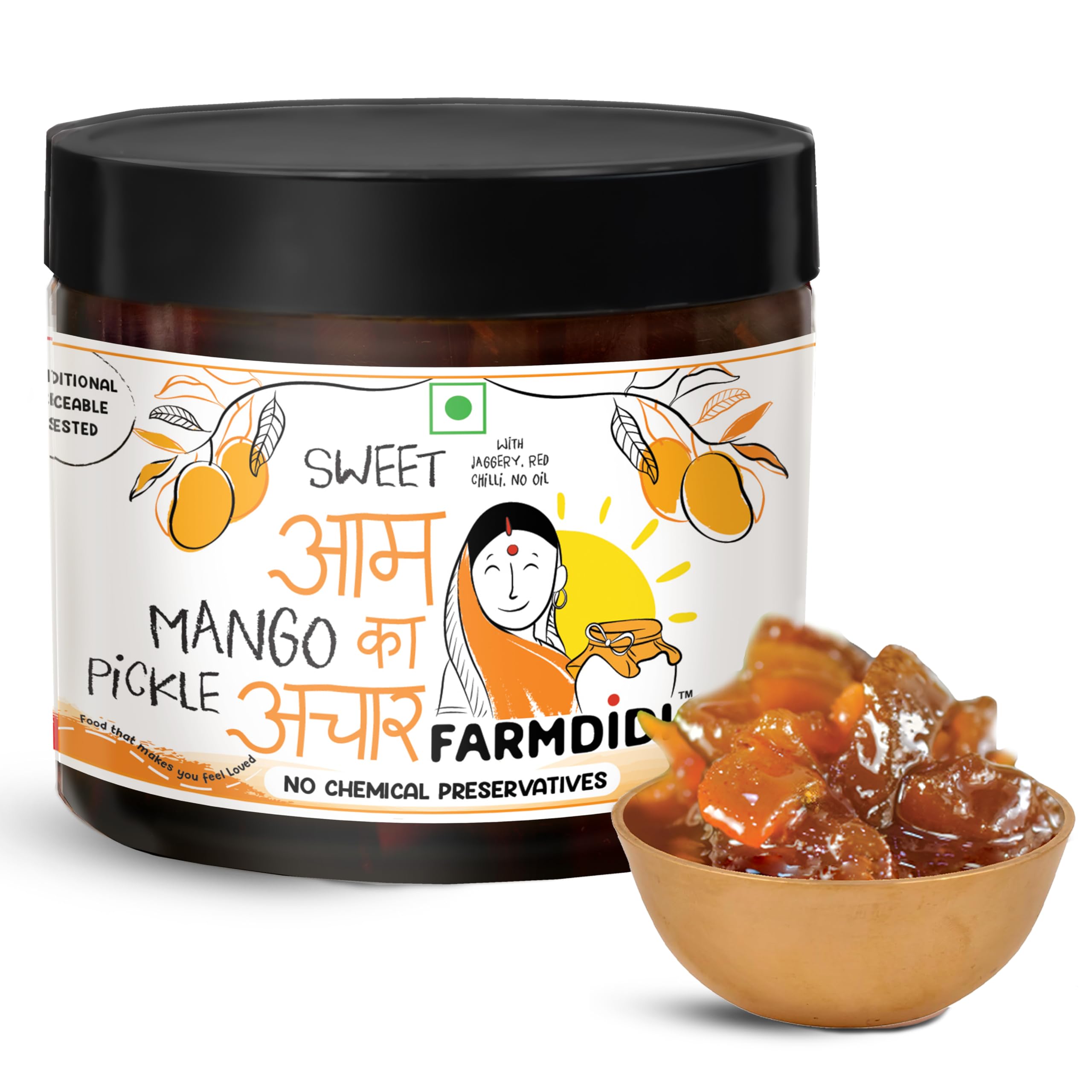 Farm Didi Sweet Mango Pickle with Jaggery 325g | Homemade Aam ka Meetha Achar | Oil-Free Traditional Indian Pickle | Sweet Mango Achaar | No Chemical Preservatives
