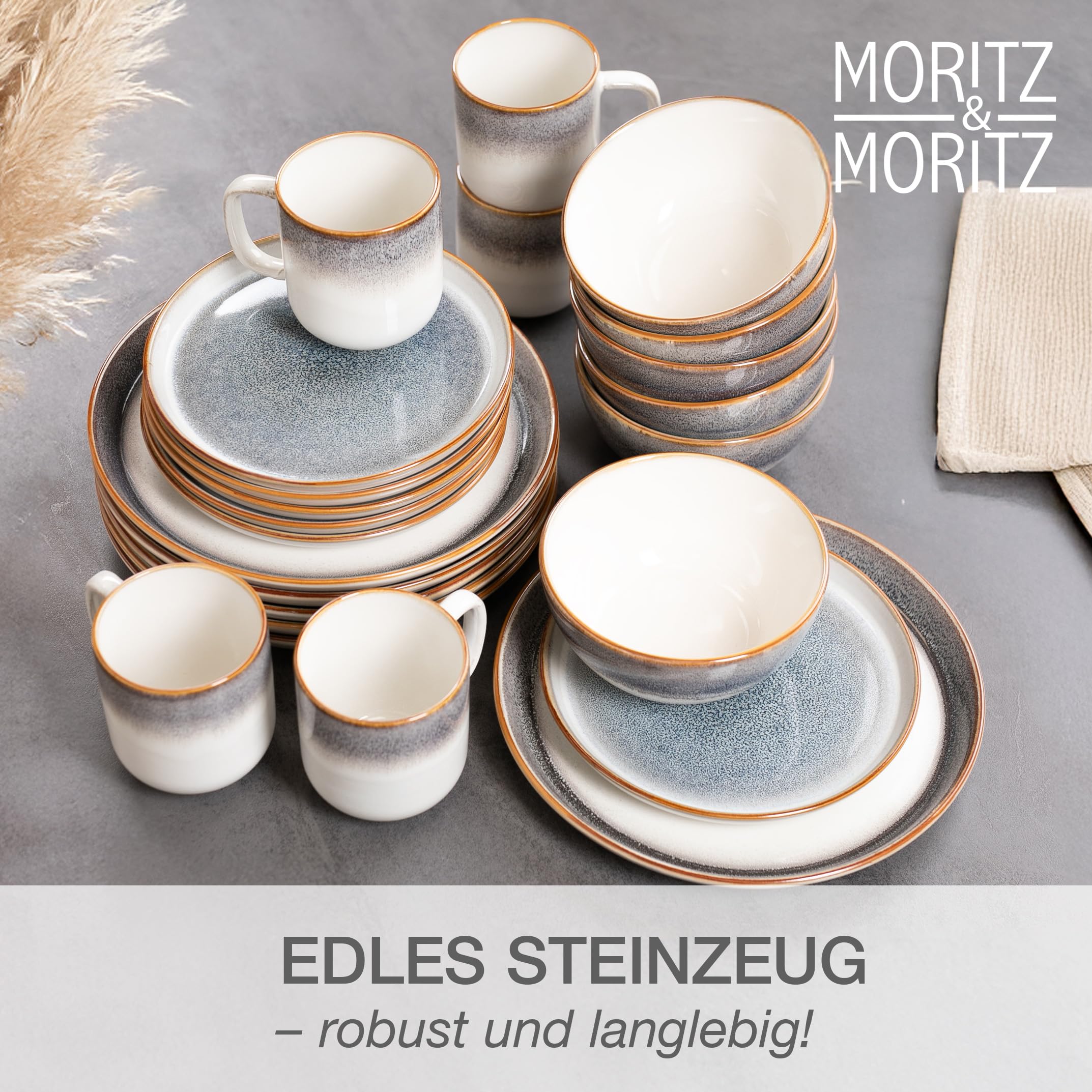 Moritz & Moritz TARENTO 48-tlg. Geschirrset 12 Personen Grau - Elegantes Teller Set aus hochwertigem Steinzeug - Geschirr Set aus 12x Dinnerteller, 12x Dessertteller, 12x Suppenteller & 12x Tassen