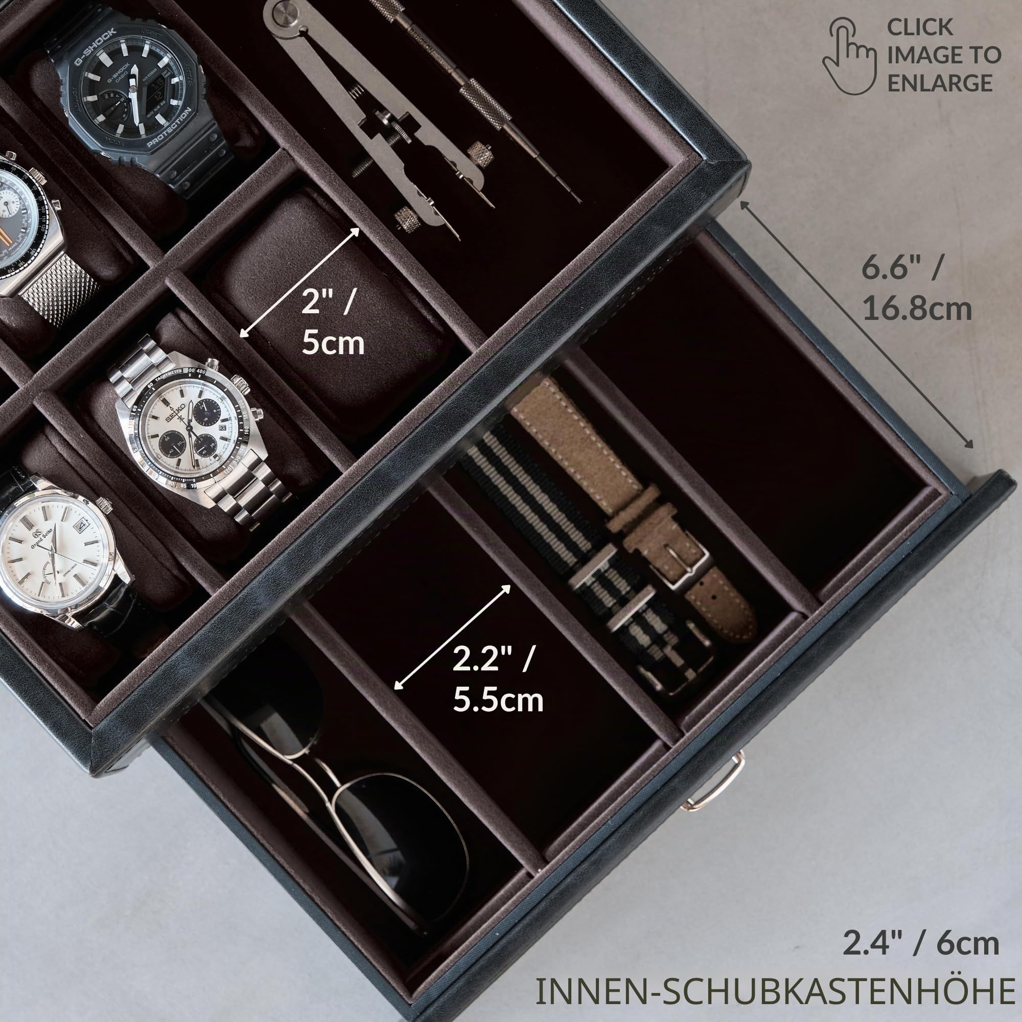 TAWBURY Uhren- und Schmuckkästchen für Herren – Uhrengehäuse mit 6 Schlitzen und Glasdisplay, abnehmbarem Manschettenknopf- und Ringhalter und anpassbarer Schublade zur Aufbewahrung von Sonnenbrillen