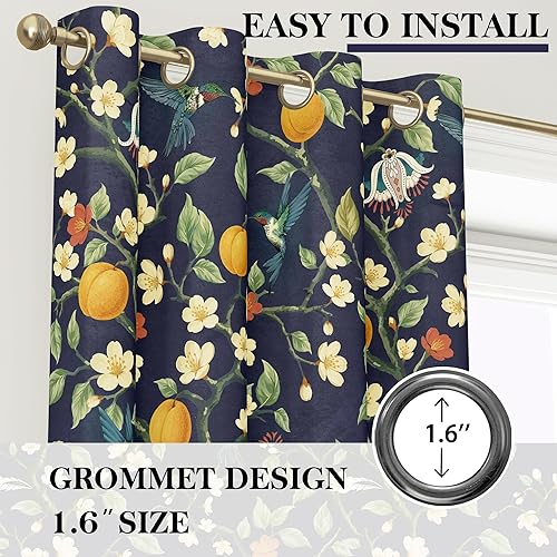 Miniatura 6 de Floral Curtains 100% Blackout, Vintage Hummingbird Black Out Curtain 84 Inches Long, Patterned Thermal Insulated Window Drapes 2 Panels, Grommet