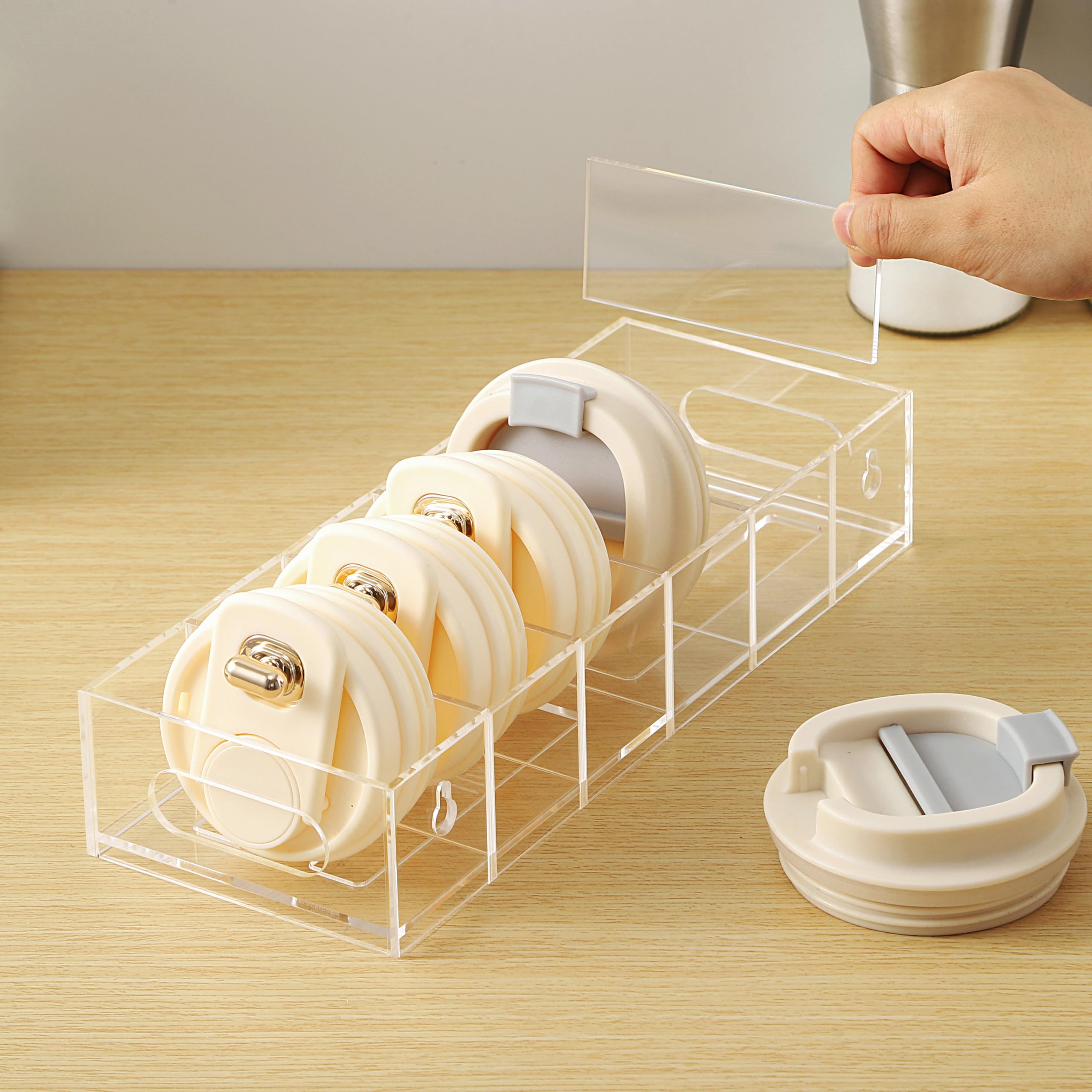 Hyfant Acrylic Tumbler Lid Organizer Cup Lids Holder For Stanley/Yeti Simple Modern Tumbler Lid Storage Box for Mug Cup Water Bottle Kitchen Cabinet Organizers and Storage Bins for Thermos Lids