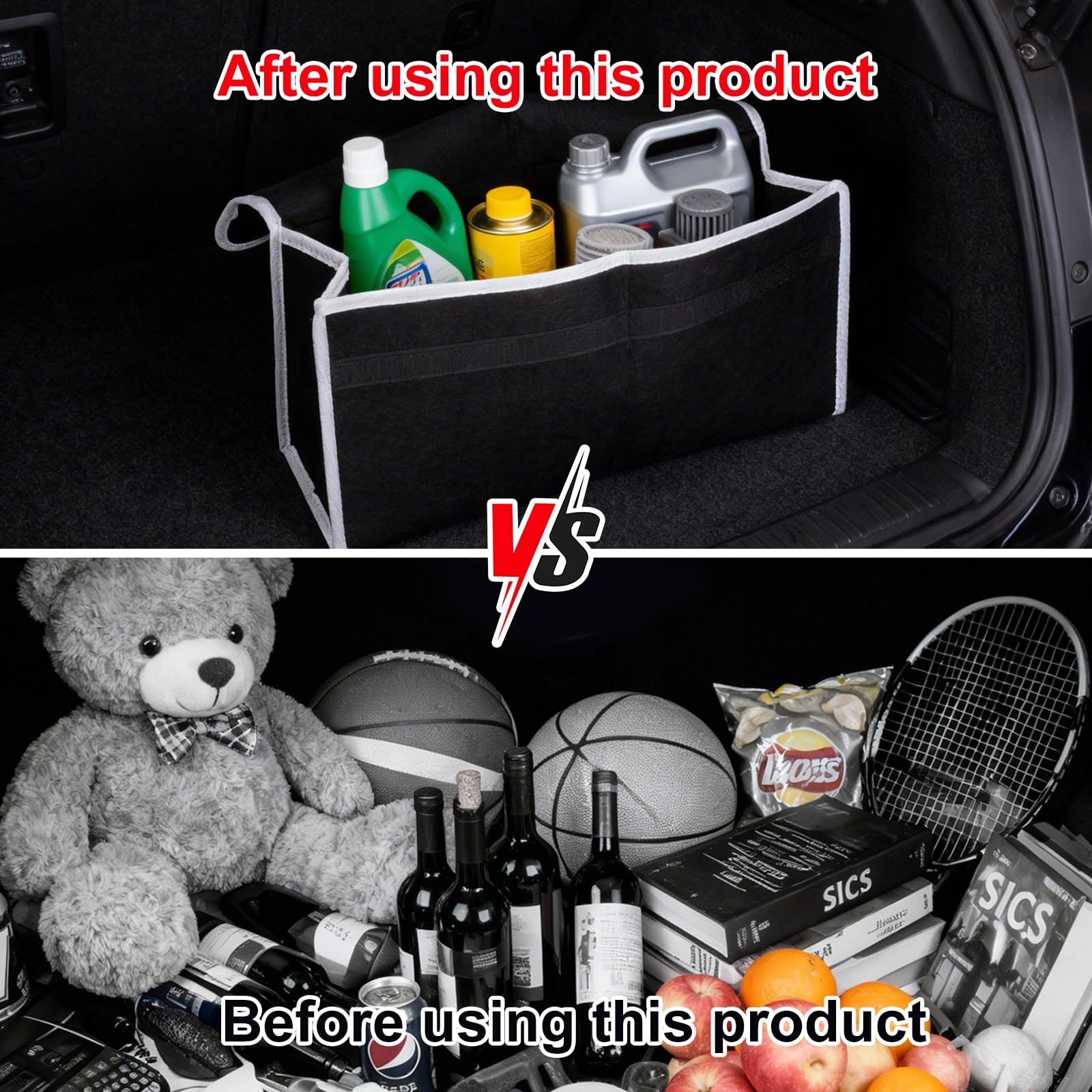 Organizador Maletero Coche Plegable Antideslizante Fieltro Grueso, Bolsa Multiuso Universal para Coche, Contenedor Salvaespacio Base Doble Estable, Material Ecológico sin Olor, 50×24×15 cm