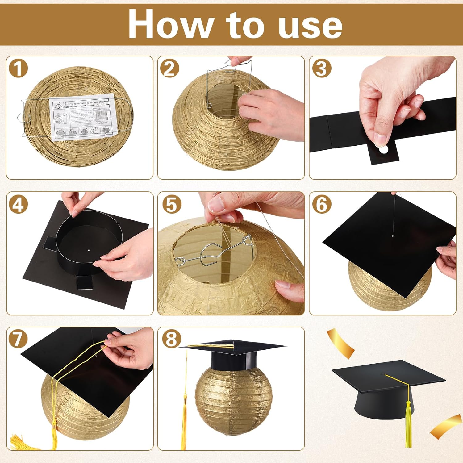Gilprop 15 Pcs Black and Gold Graduation Decoration 2026 Paper Lanterns Graduation Party Decorations Hanging Round Paper Lanterns with Black Grad Hat Tassel for Congratulation Grad Decorations