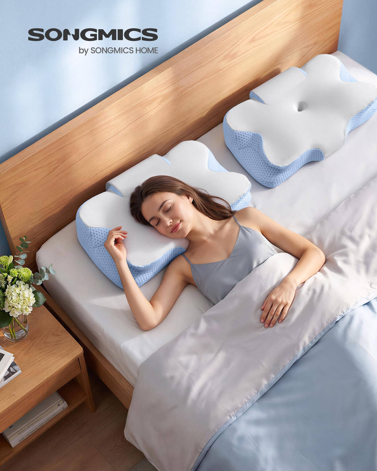 SONGMICS Oreiller Ergonomique, Hauteur Ajustable, Coussin en Mousse à Mémoire de Forme, pour Dormeurs sur Le Côté, Le Dos et Le Ventre, Toucher Frais, Blanc Nuage et Bleu TBP051Q101