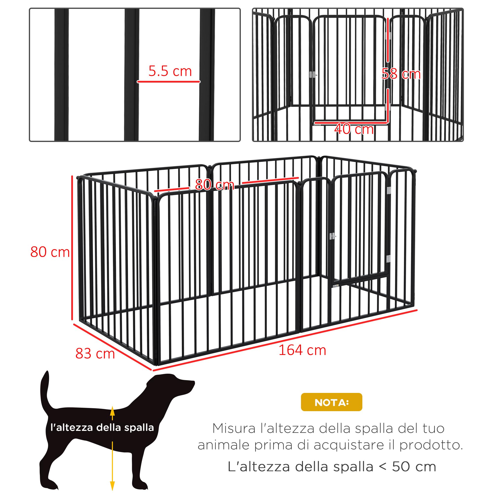 PawHut Box per Cani Taglia Media e Piccola a 6 Pannelli Modulabili da Interno ed Esterno, Cancello per Cani in Acciaio con 9 Picchetti, 164x83x80 cm, Nero