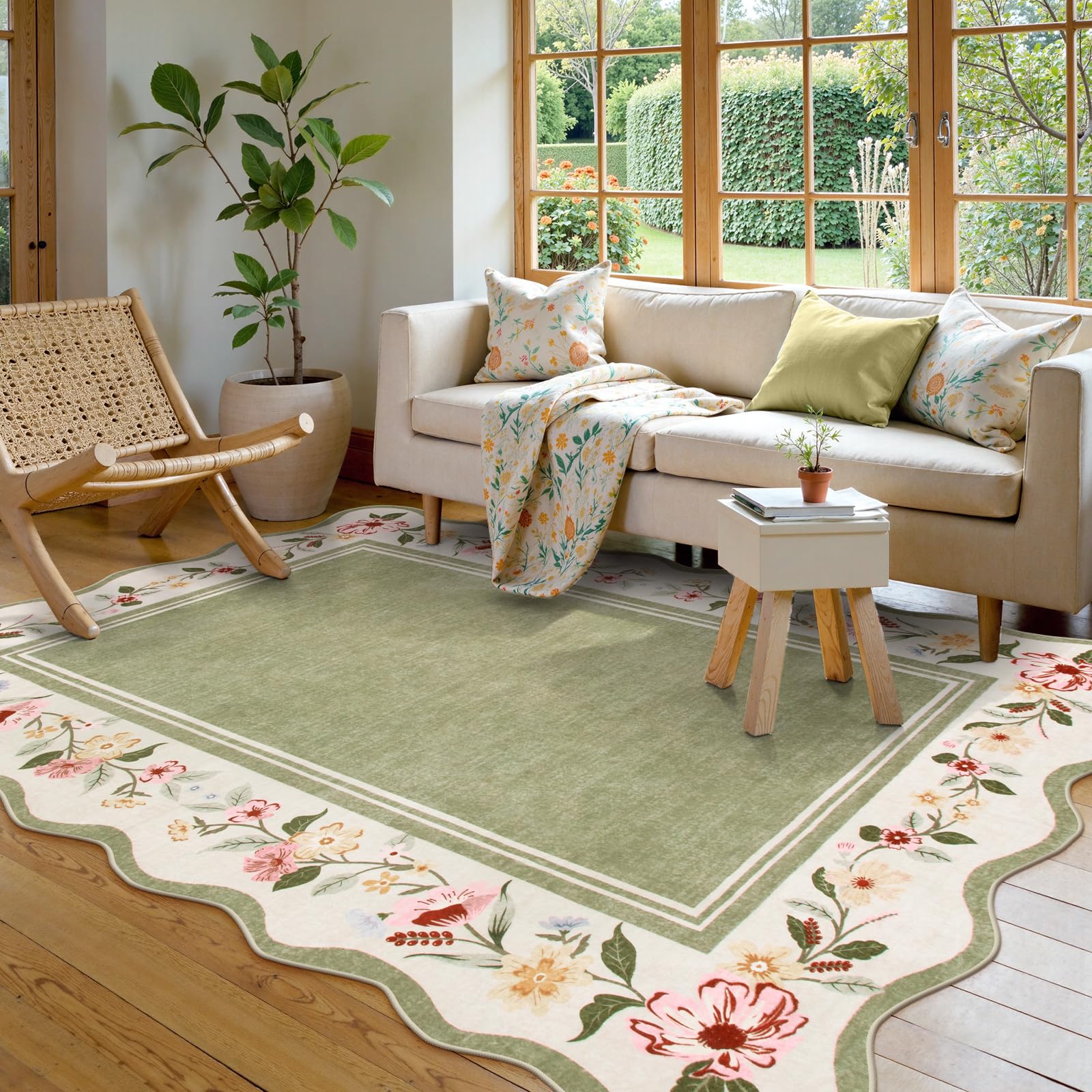 Amazon.com: Lahome Floral Scalloped Rug 5x7, Green Rugs for Living