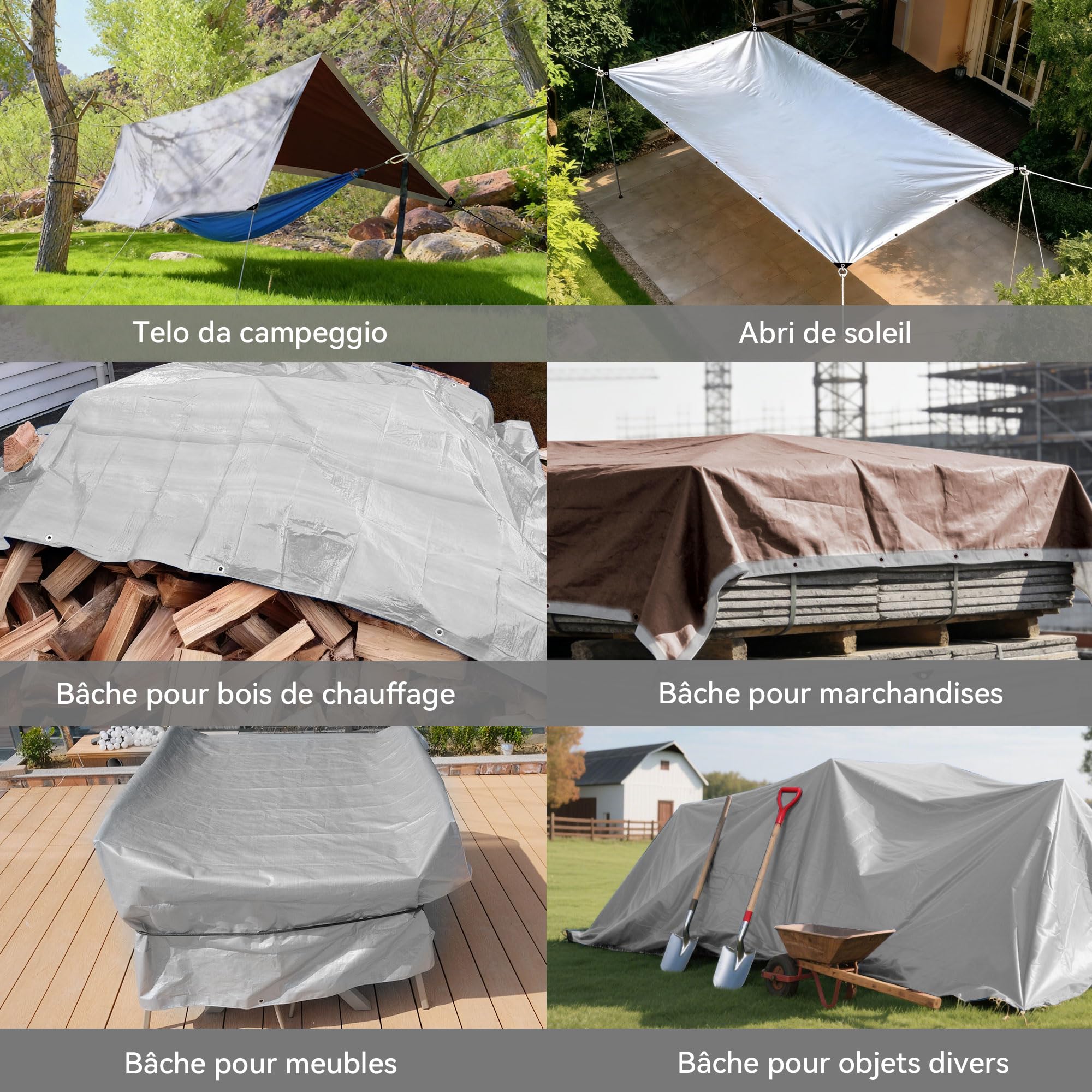 Bâche 1,5x2m 155g/m² Imperméable en Polyéthylène, Anti-UV | Polyéthylène haute densité, œillets soudés renforcés, anti-UV, résistante aux intempéries, jardin, camping (Argent/Marron)