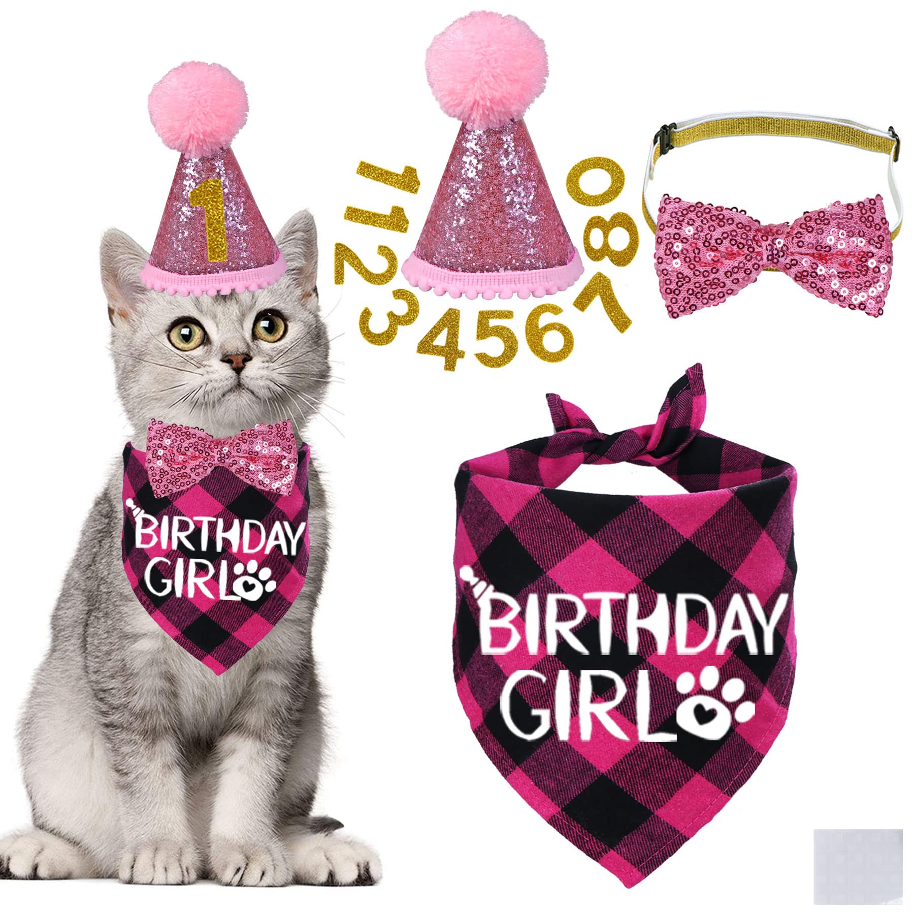 STMK Cat Birthday Decorations, Cat Birthday Hat with Numbers Bandana Bow Tie Collar for Cats Kittens Birthday Outfits (Pink)
