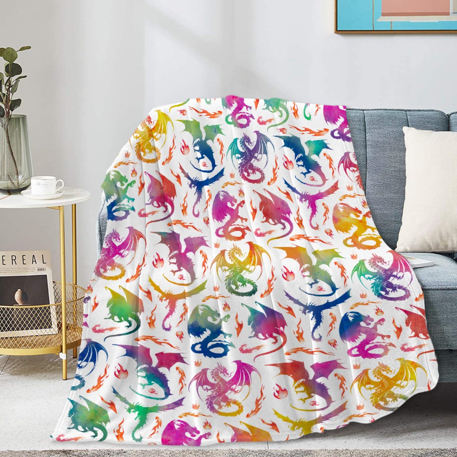JOCASA Dragon Fire Blanket Gifts Colorful Gradient Pattern Blankets Flannel Lightweight Soft Cozy Blankets Throws Bedding Couch Sofa Bedroom Kids Adults Girls Boys 90