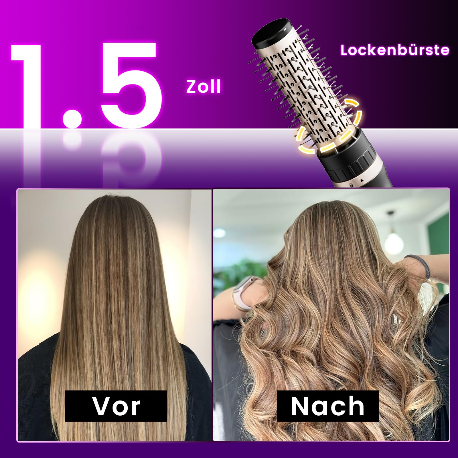 Rotierende Warmluftbürste, 3-in-1 Rundbürstenföhn mit 3 Köpfen zum Trocknen Styling Voluminierend Curling Schlafen in einem Schritt, 3 Temperaturen, Negativ-Ionische, Keramikbeschichtung, 360 ° Drehen
