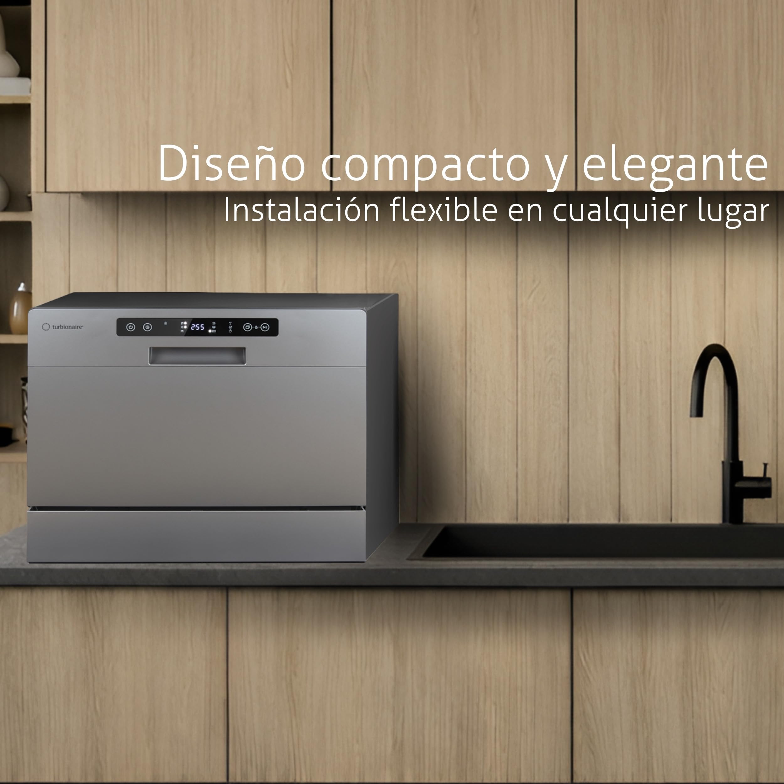 Lavavajillas compacto Turbionaire AVA 6 TPDSAVA6CTG, 6 servicios, 6 programas, modo Eco, descalcificador de agua, lavado 360°, función Restart, 55 cm, Gris