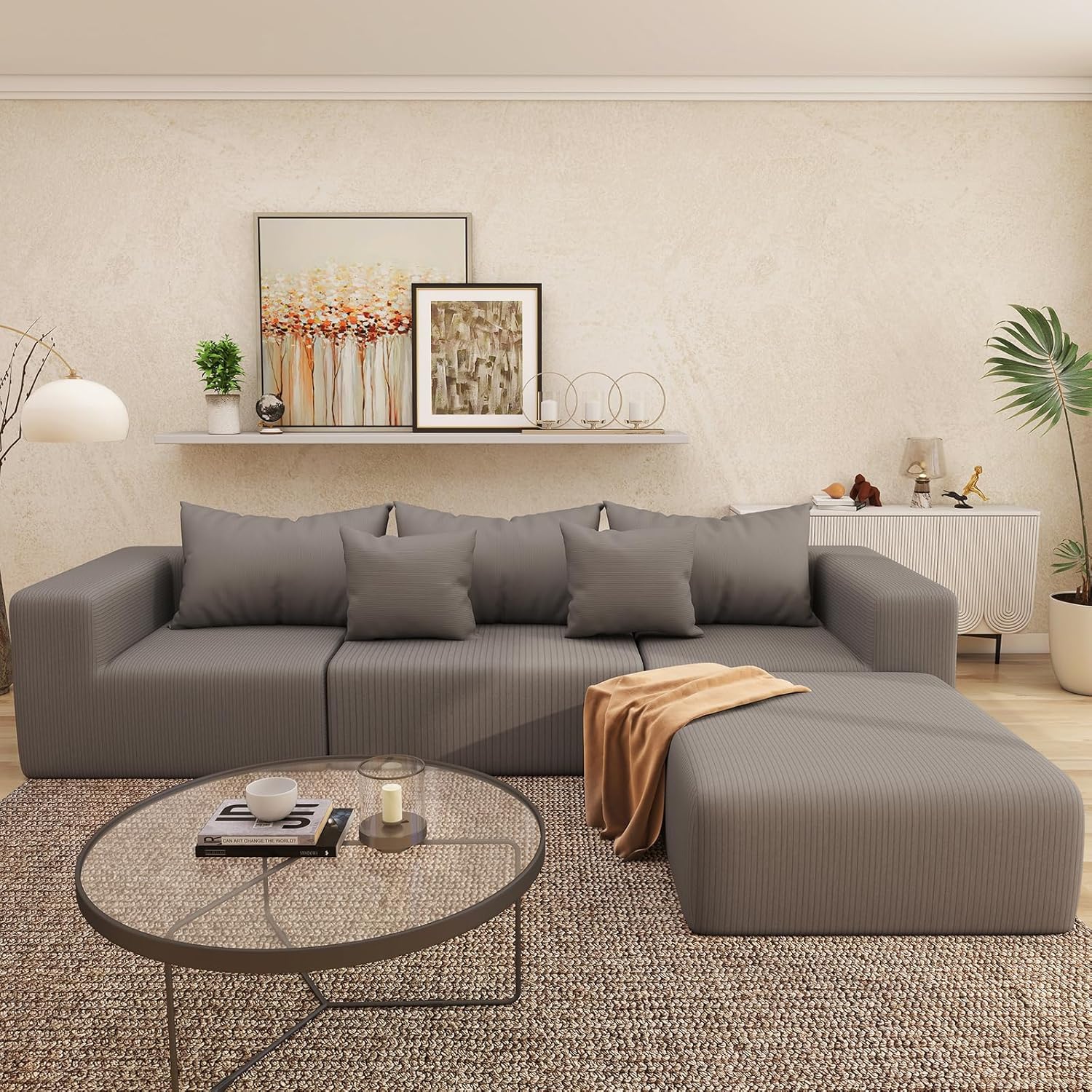 Modular Sectional Sofa Cloud Couch for Living Room, L Shaped Boneless Couch for Bedroom with Deep Seat, 3-Seater Sleeper Sofa with Ottoman, Brown