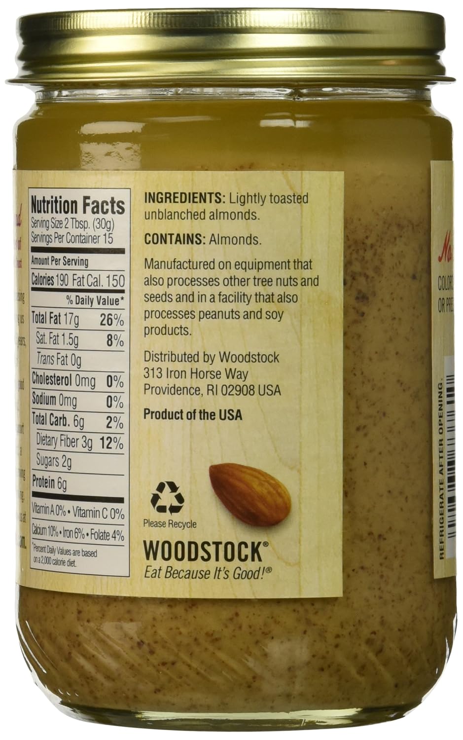 Woodstock All-natural Lightly toasted Almond Butter, Unsalted, 16 oz
