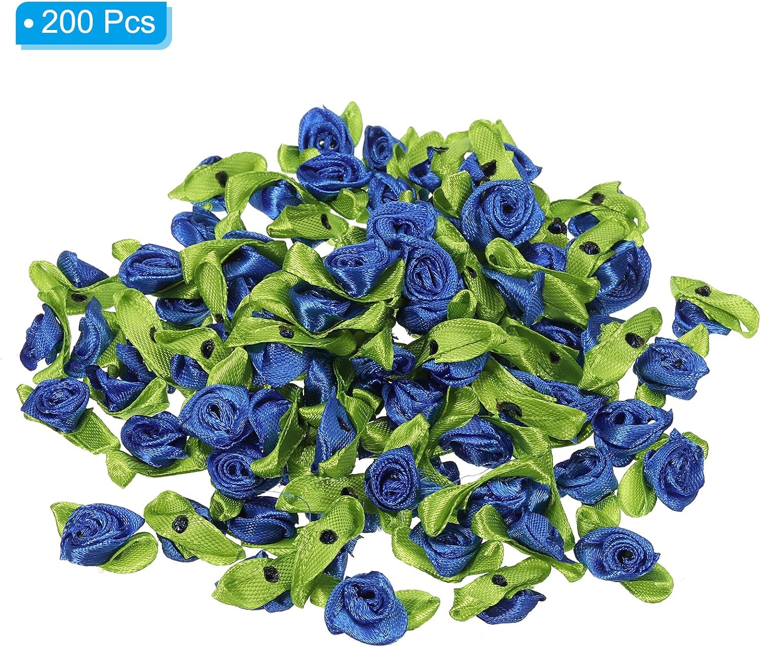 PATIKIL Mini Ribbon Roses, 200 Pcs Tiny Satin Fabric Flowers with Green Leaves Embellishments Rosettes Applique for DIY Crafts Sewing Wedding,Blue