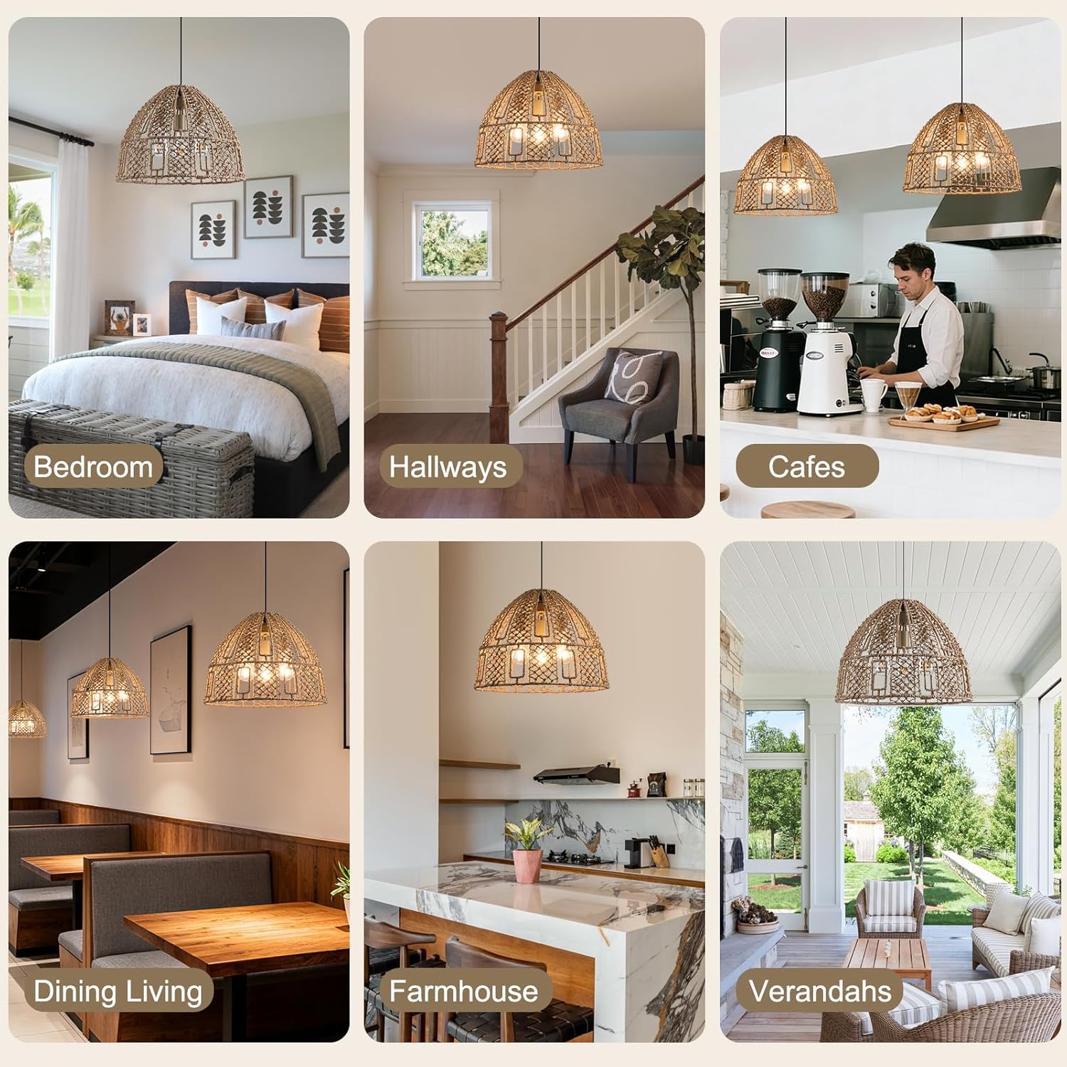 17.71" Rattan Pendant Light,Boho Hand Woven Wicker Hanging Light Seagrass Rattan Chandelier for Dining Living Bedroom