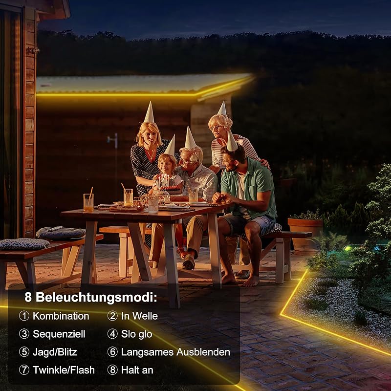 Bandă LED solară de exterior ZAIYW 15 m, IP68 rezistentă la apă, 300 LED-uri, alb cald, cu variator, telecomandă și temporizator, autoadezivă, pentru decorarea gardului de grădină