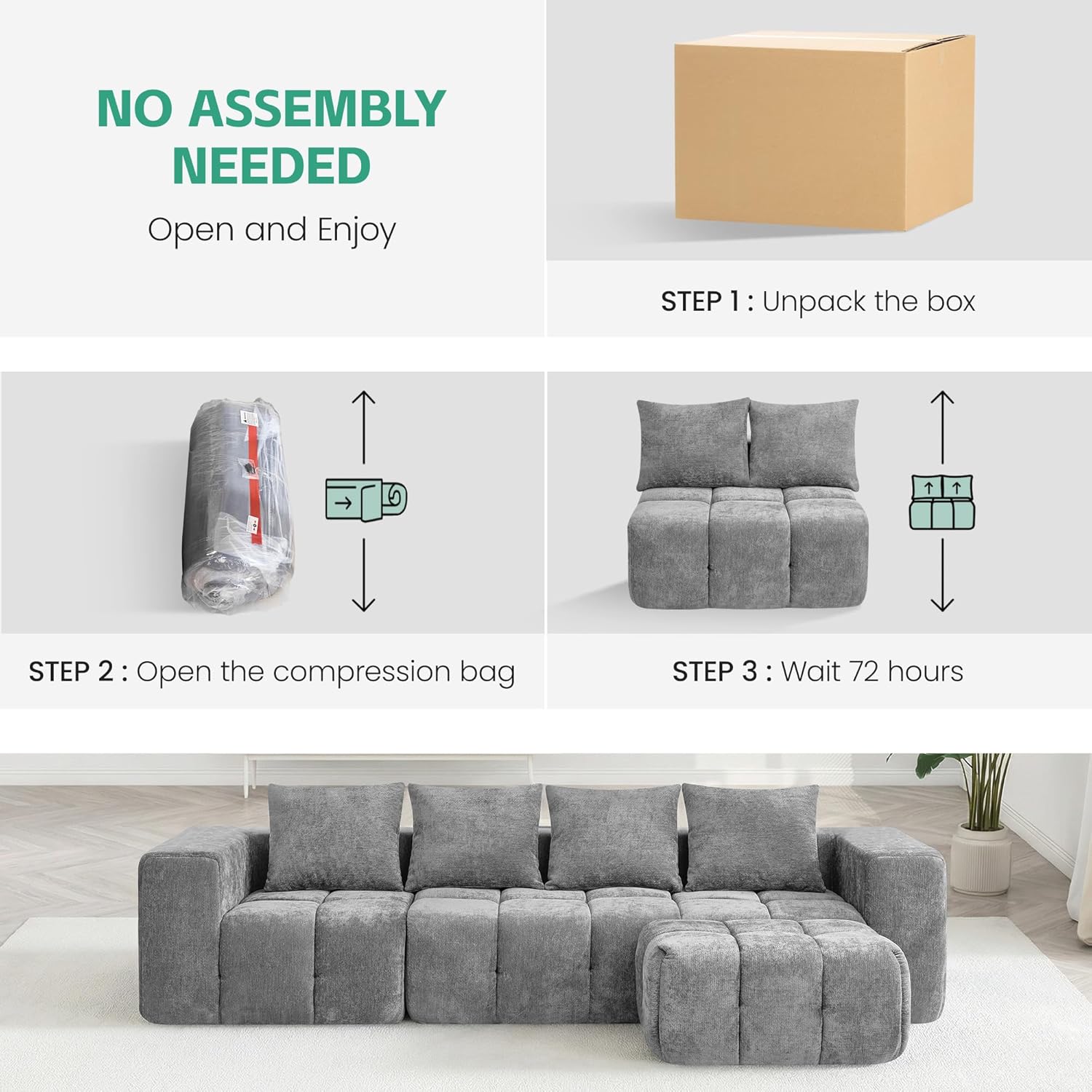 78.7" Boneless Modular Sectional Loveseat, Tufted Cloud Couch with Deep Seat, Chenille Sofa for Living Room, Compressed Sofa, No Assembly Required, Light Gray