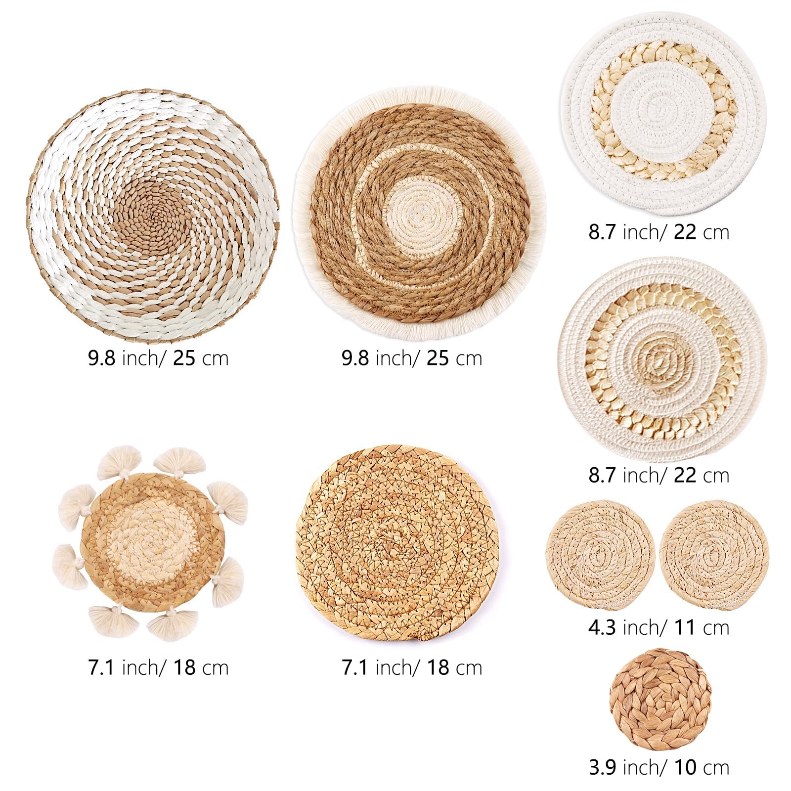 Juego de 9 cestas de pared bohemias tejidas para decoración de pared de algas marinas de ratán, decoración de pared bohemia, ecológica, decoración de pared redonda para casa de campo, dormitorio, sala