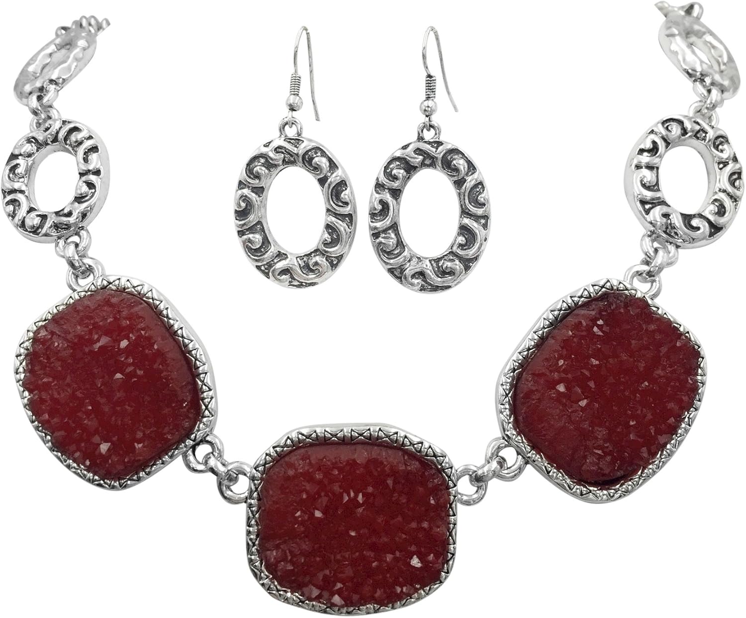 Gypsy Jewels Simulated Druzy Stone Abstract Ovals Swirls Boutique Style Necklace & Dangle Earrings Set - Assorted Colors