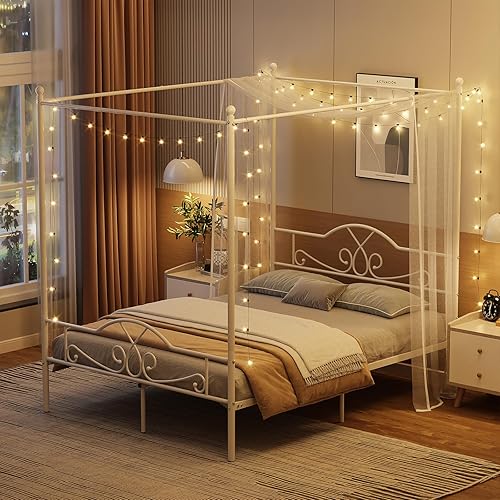 Miniatura 41 de Weehom Marco de cama con dosel de princesa con 4 pósteres, base de colchón de plataforma de metal resistente con cabecera y estribo, no necesita