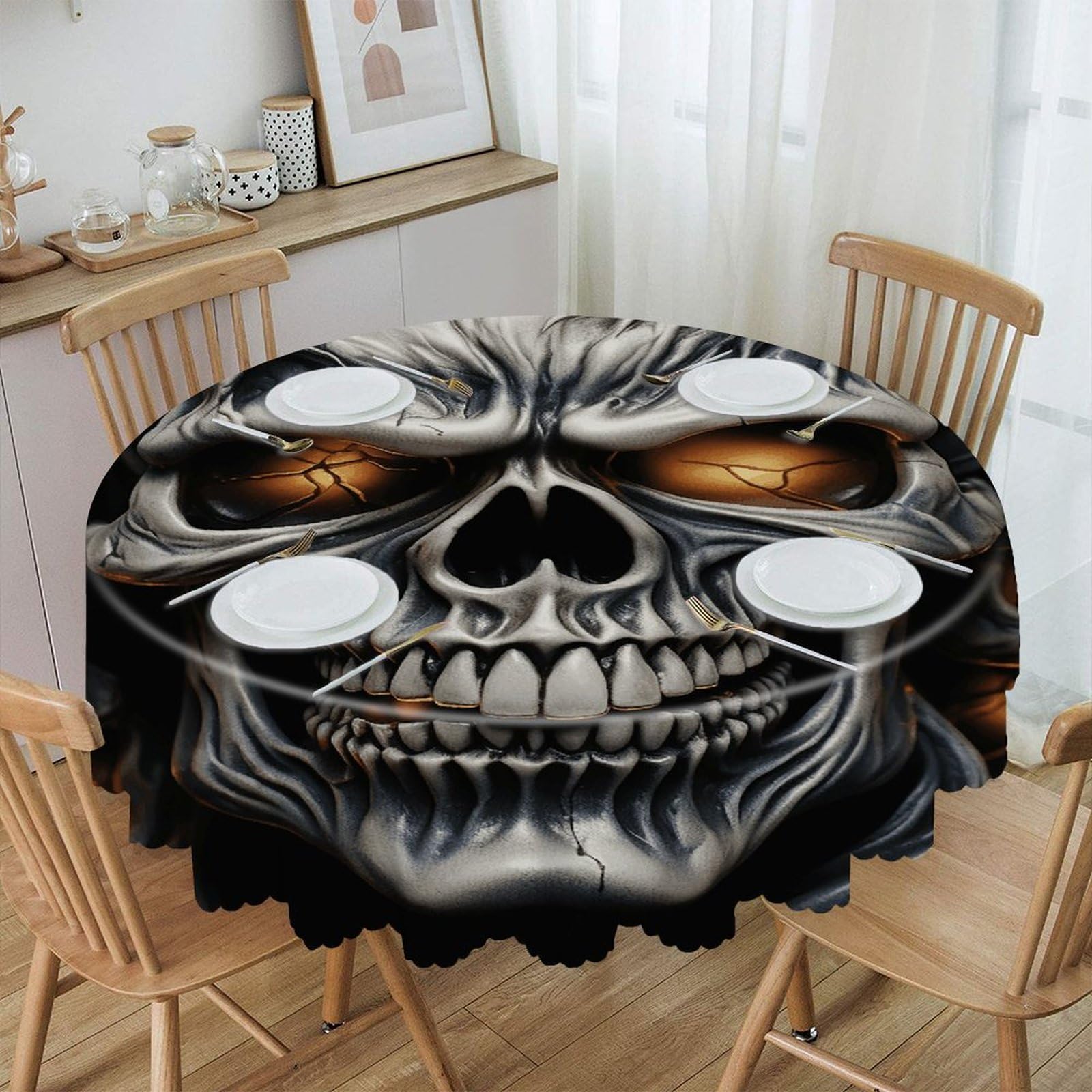 VstaDank Cool Evil Skull Round Tablecloth Wipeable Round Polyester Tablecloth Waterproof Wrinkle Free Indoor and Outdoor Table Cover 60 Inch Decorative Farmhouse Table Cloth for Dining