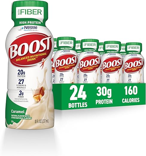 BOOST High Protein with Fiber Ready to Drink Complete Nutritional Drink, Caramel, 8 fl oz Bottle, 24 Pack