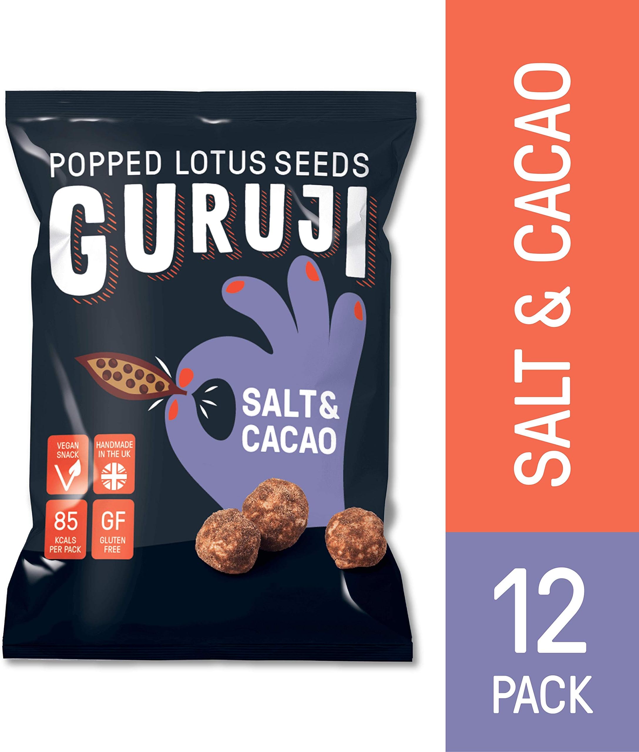 Guruji Popped Lotus Seeds – New Recipe - Salt & Cacao - Vegan Snack - 12x17g Packs