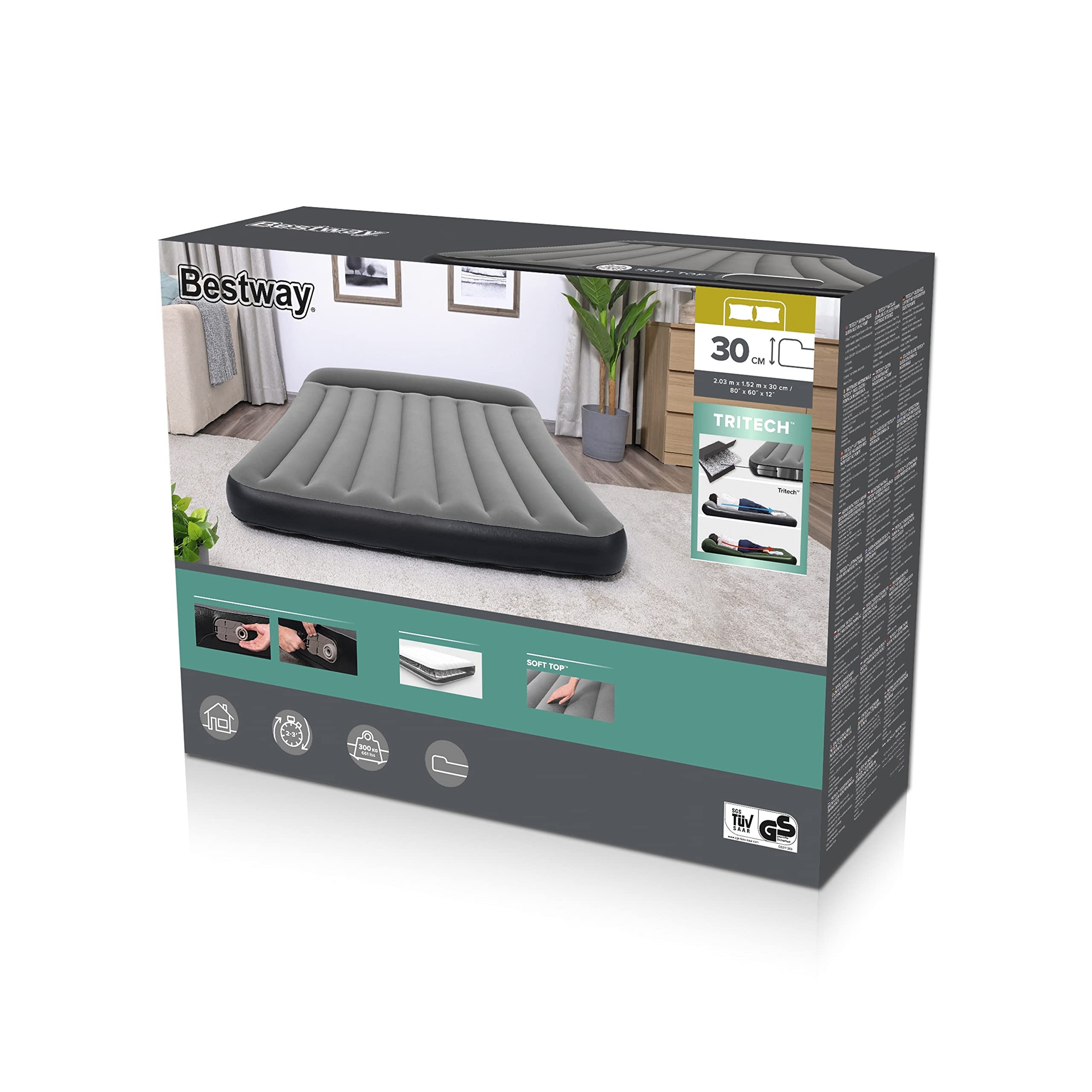 Bestway TriTech Aerolux materac dmuchany ze zintegrowaną pompą elektryczną Double XL/Lo 203 x 152 x 30 cm