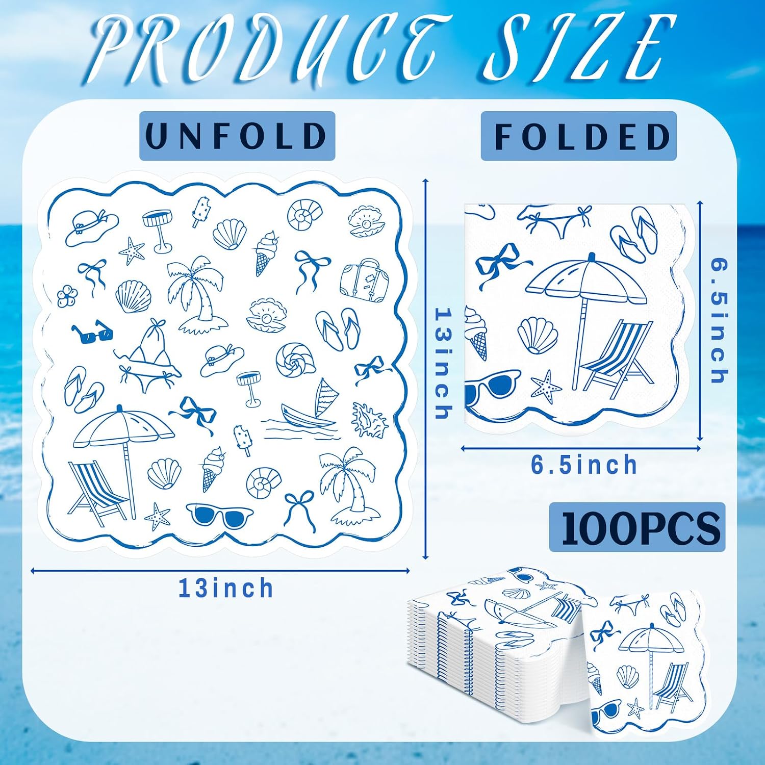 100 Pcs Summer Beach Napkins Scalloped Coastal Dinner Lunch Napkins 6.5 x 6.5 in Seashell Umbrella Bikini Disposable Paper for Summer Tropical Coastal Nautical Surf Birthday Party Supplies
