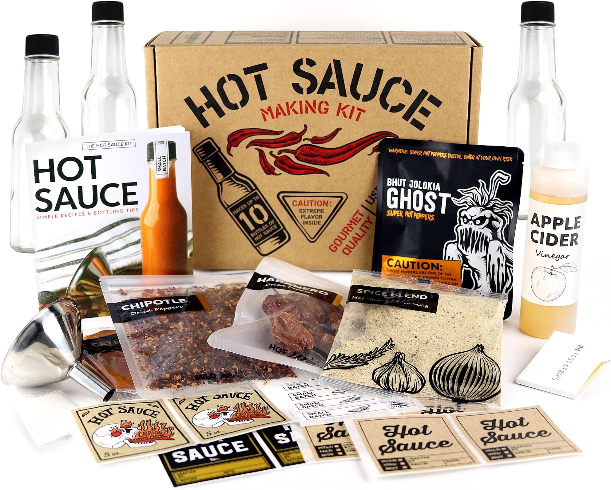 millhouse spice co. Deluxe Hot Sauce Making Kit, Ghost Pepper Edition, Gourmet Blend, 3 Bottles, Fun Labels, Make your own, DIY, for Dad, Grandpa, Papa, Secret Santa. (Deluxe Ghost Pepper Kit)