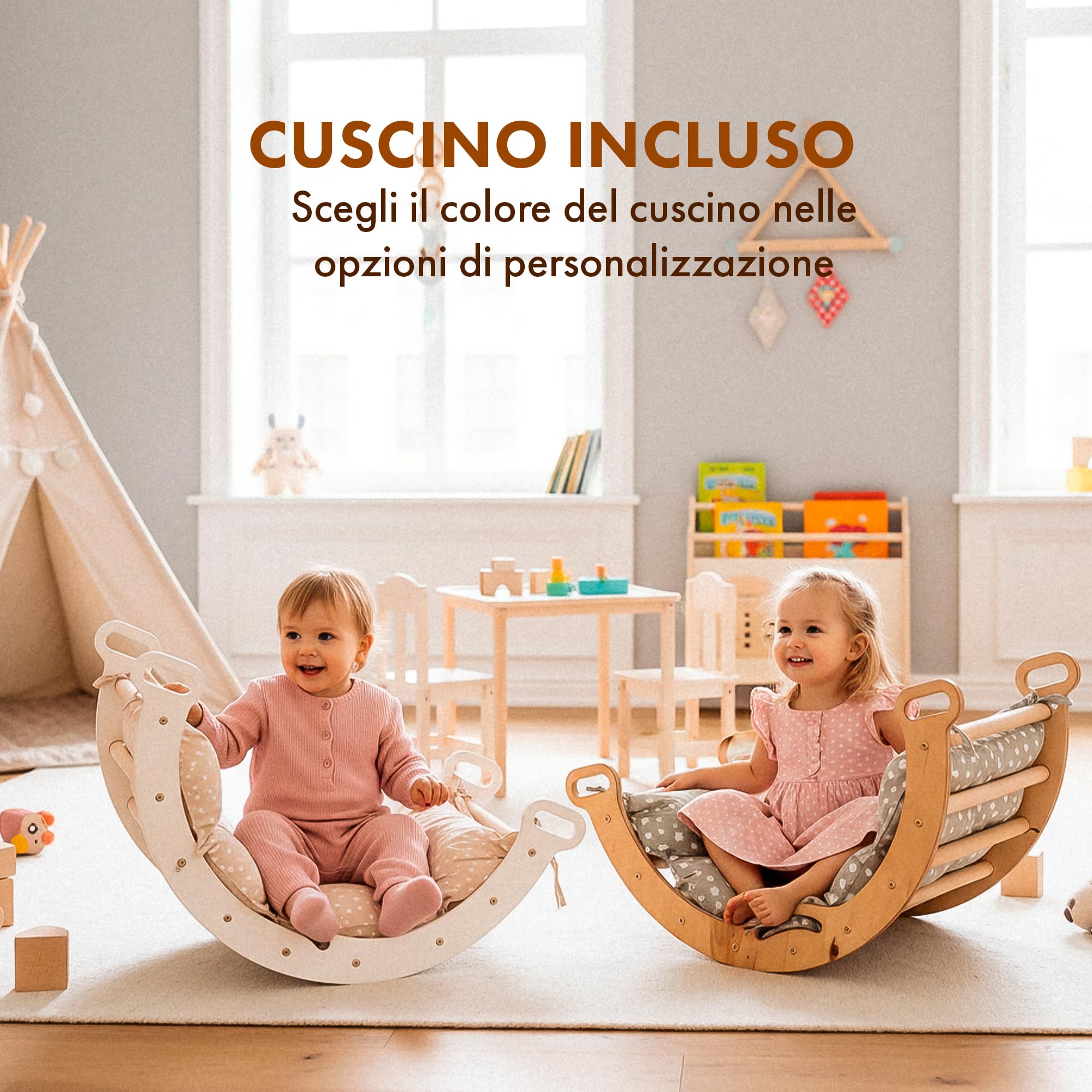 Goodevas 5-in-1 Telaio da Arrampicata per Bambini - Scala a Triangolo, Arco per Arrampicata, Balance Board e Cuscino, Telaio da Arrampicata Montessori, Palestra in Legno per Bambini da 1 a 3 Anni