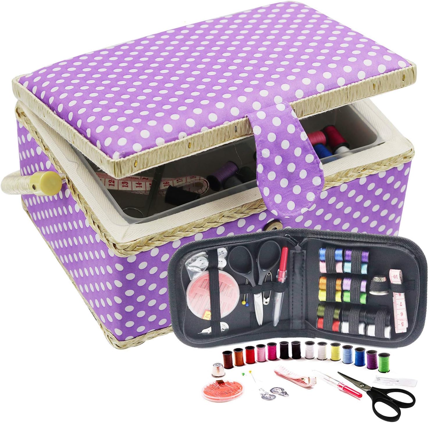 D&D Sewing Basket with Sewing Kit, Sewing Box Organizer with Accessories, Sewing Supplies Storage with Sewing Tools Set (Purple, Medium)