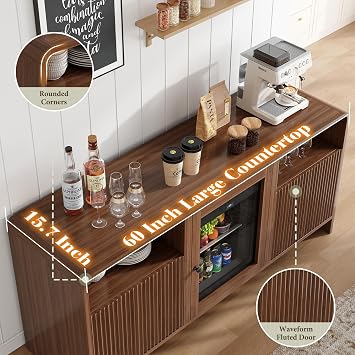 LUXOAK 60 Coffee Bar Cabinet with Beverage Fridge (Included), Walnut