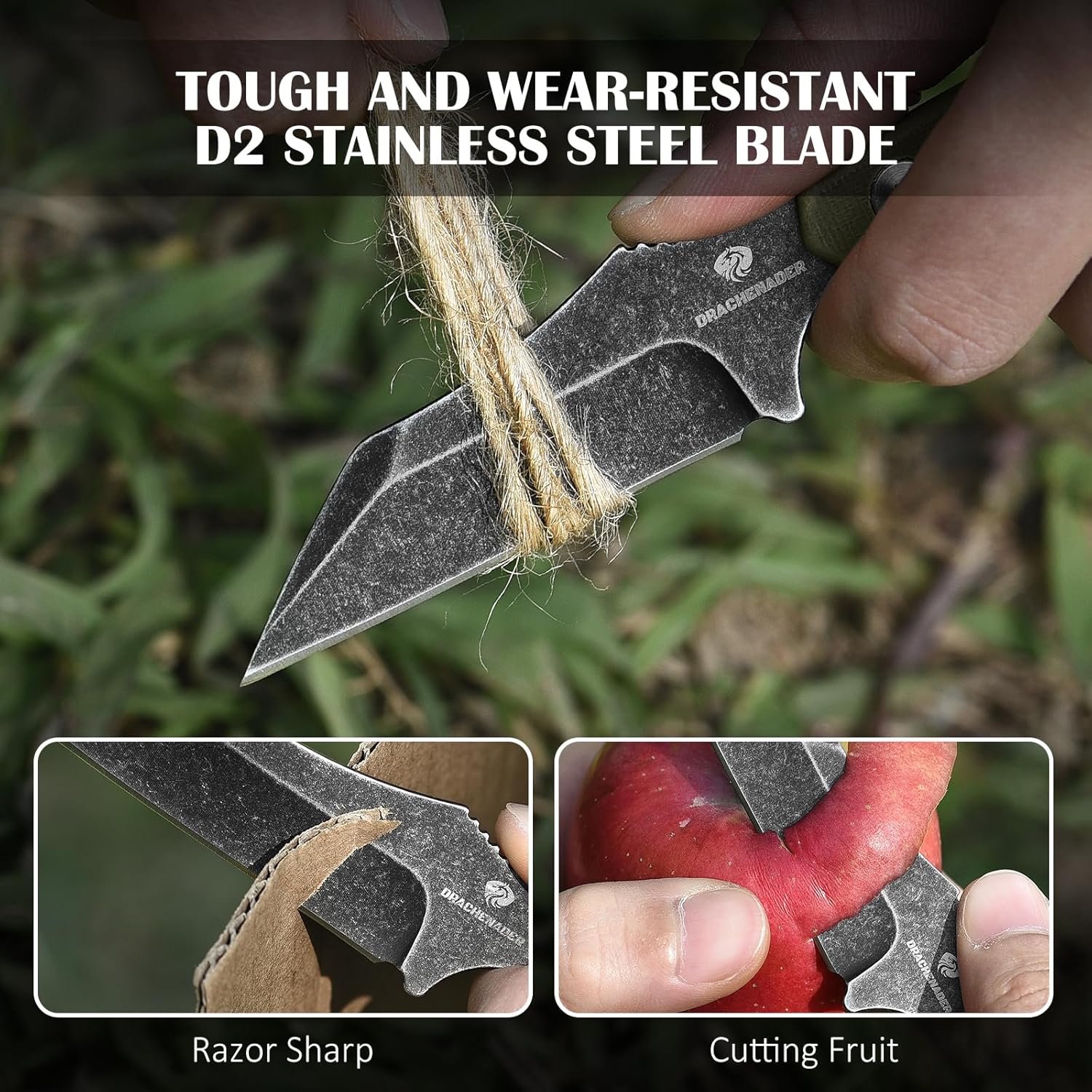 X-WH 5.78" Neck Knife with Kydex Sheath, D2 Steel Stonewashed Wharncliffe Blade with G10 Handle, Fixed Blade Knife for Men - Image 2