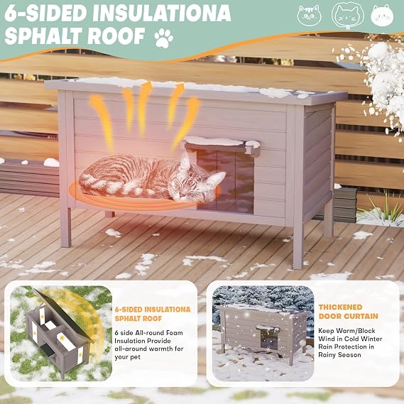 Outdoor Cat House Weatherproof, Insulated Feral Cats Shelter for Winter, with Elevated Floor, Brown