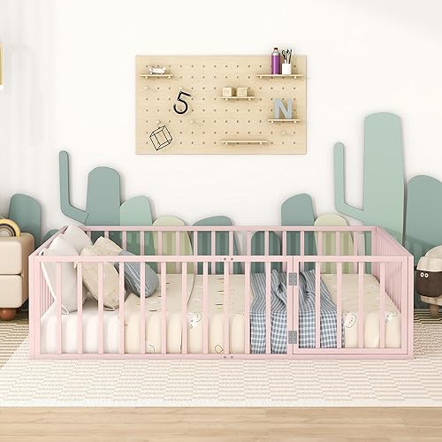 Miniatura 4 de P PURLOVE Marco de cama de metal tamaño Queen con valla y puerta, marco de cama Montessori Queen para niños, cama de piso Montessori de metal para