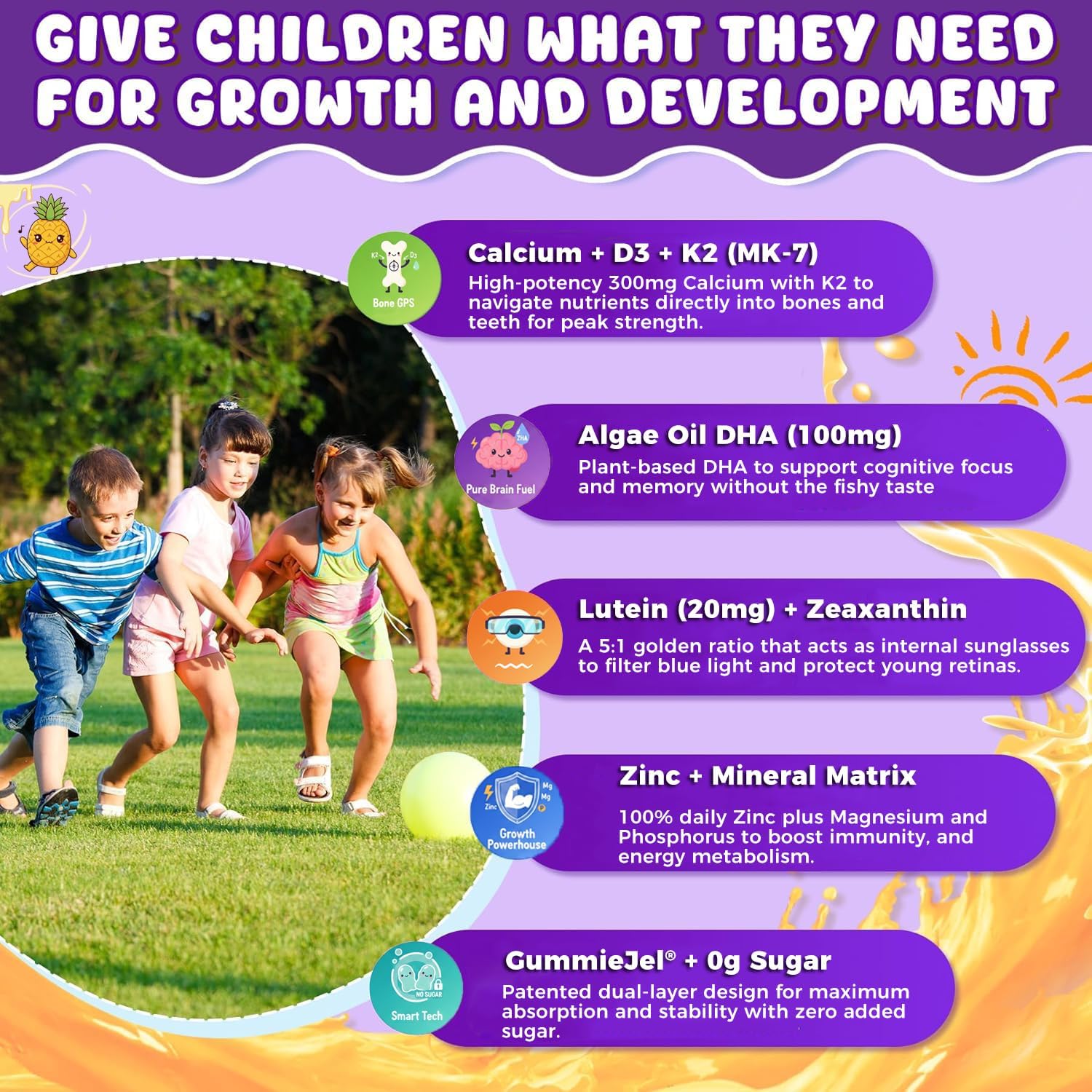 Sugar Free Kids Calcium Gummies (Ages 4-12) - 300mg Calcium Citrate w/Vitamin D3 K2 Magnesium - Algae DHA, Lutein & Zeaxanthin for Strong Bones, Eye & Brain Support - Gelatin Free - 60 Gummies