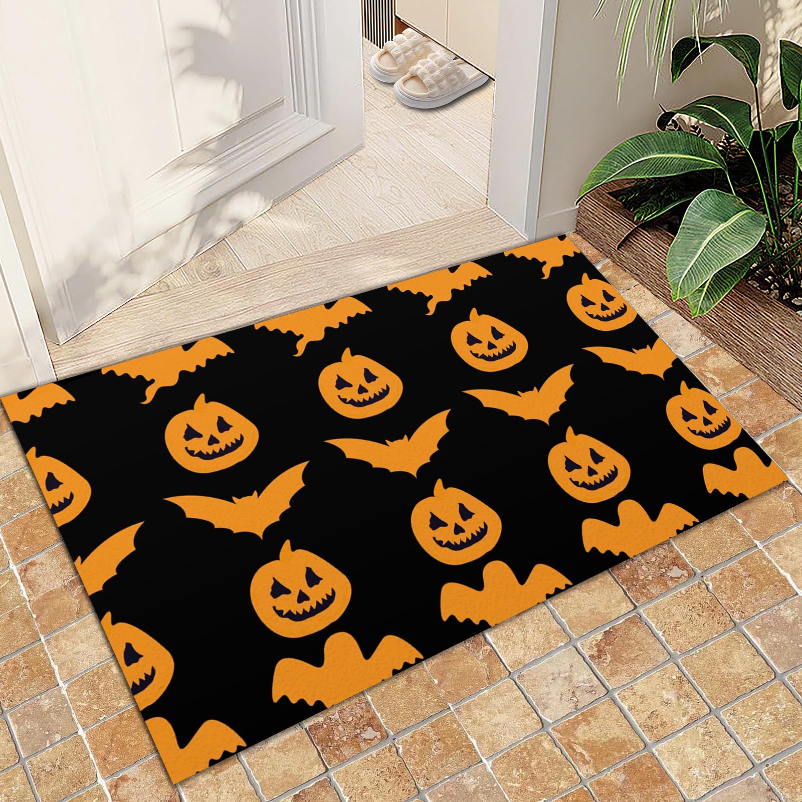 Area Rug 60x110cm Halloween Kitchen Decor Rugs, Fall Bat Pumpkin Bathroom Rugs, Autumn Home Decoration Non Slip Machine Washable Non Slip Low Pile Soft Foldable for Study Dorm Office Hallway Nursery