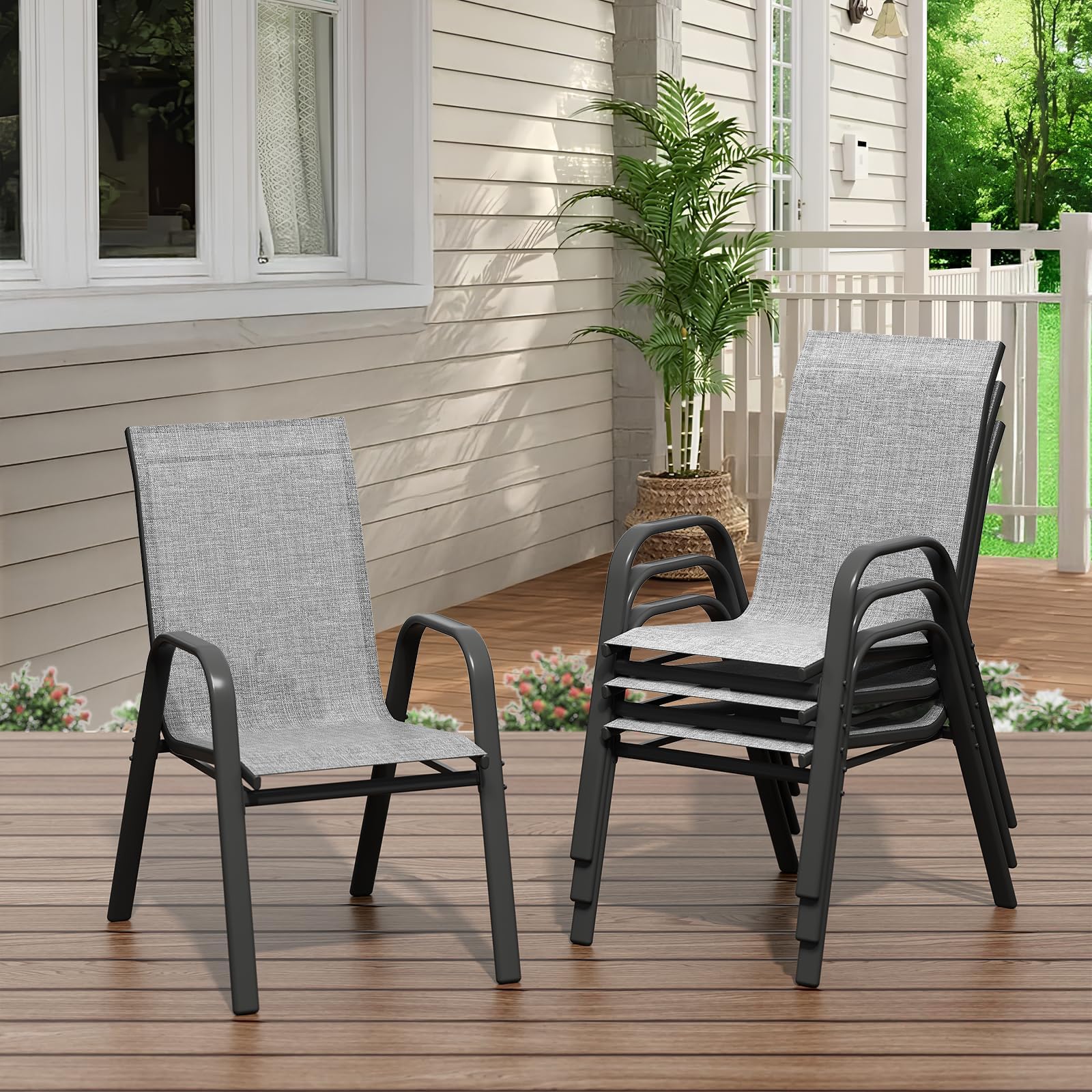 Litake Set 4 Sillas Apilables de Jardín Exterior, Sillas de Metal y Textileno con Respaldo Alto y Reposabrazos, Preensambladas, Estructura Anticorrosión, para Terraza Patio Balcón, Gris