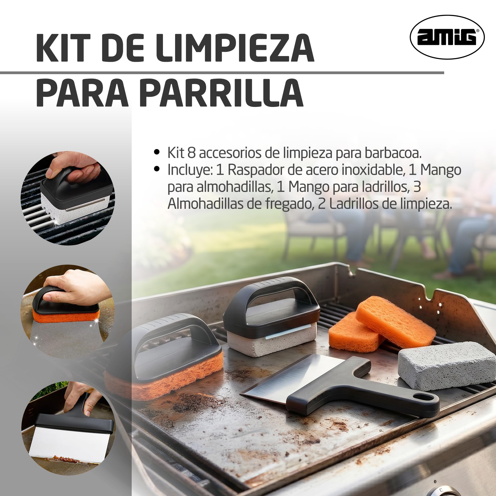 Amig - Kit 8 accessori pulizia barbecue AM22 - Raschietto 23 cm + 3 spugne in poliestere + 1 spugna in PP + 3 blocchi pulizia - Acciaio inox e polipropilene