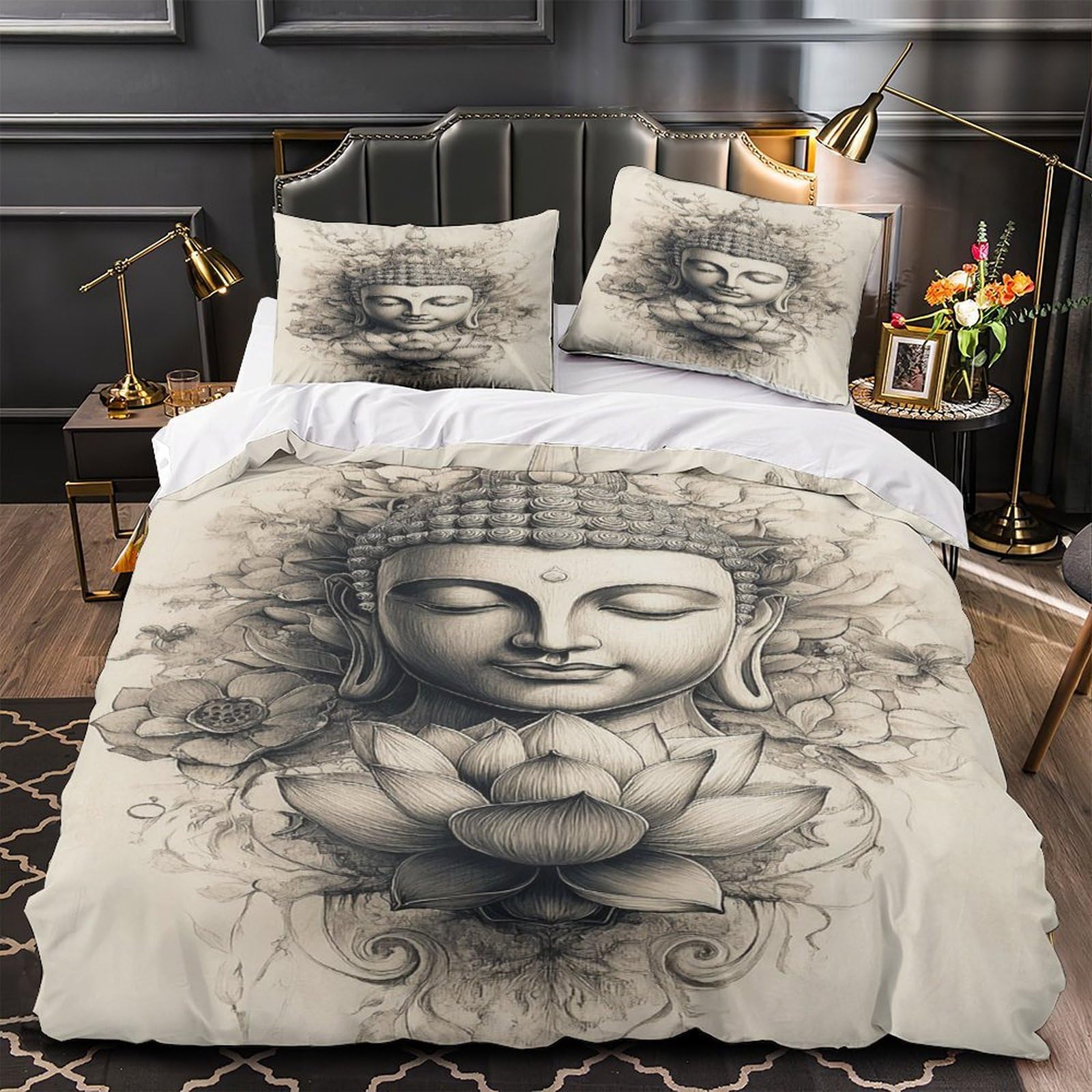 Housse de couette Bouddha 3D microfibre drap de couette zen 140x200 avec 2 taies