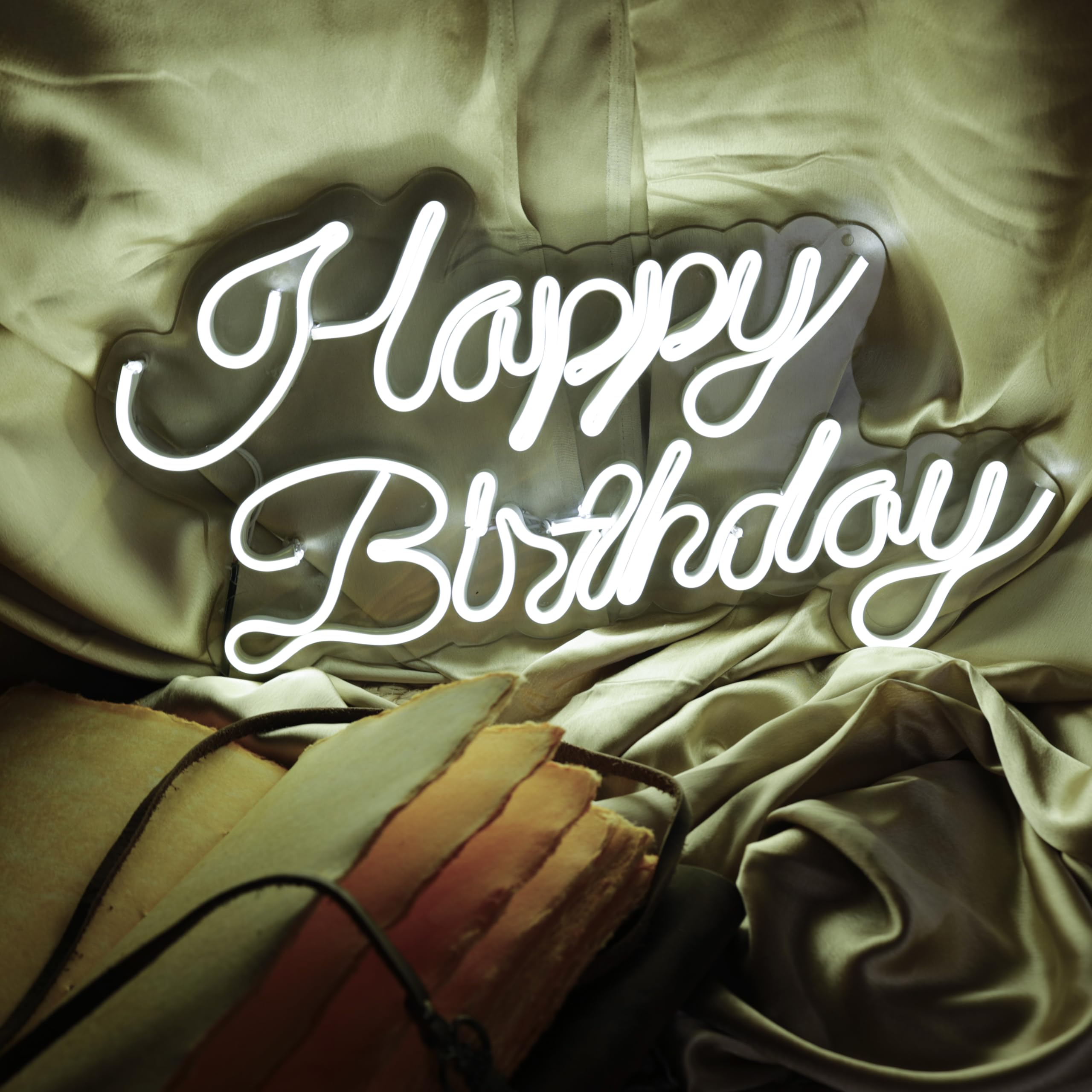 OVG Neon Sign Board LED Light, Happy Birthday Size 12 inch × 18 inch White Neon For Birthday Occasions, Gifts and Wall Decor (1 piece light with Adapter)