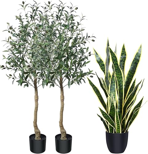 CROSOFMI Planta de olivo artificial de 4 pies con planta de serpiente artificial de 35 pulgadas para decoración de interiores y entradas, regalo al