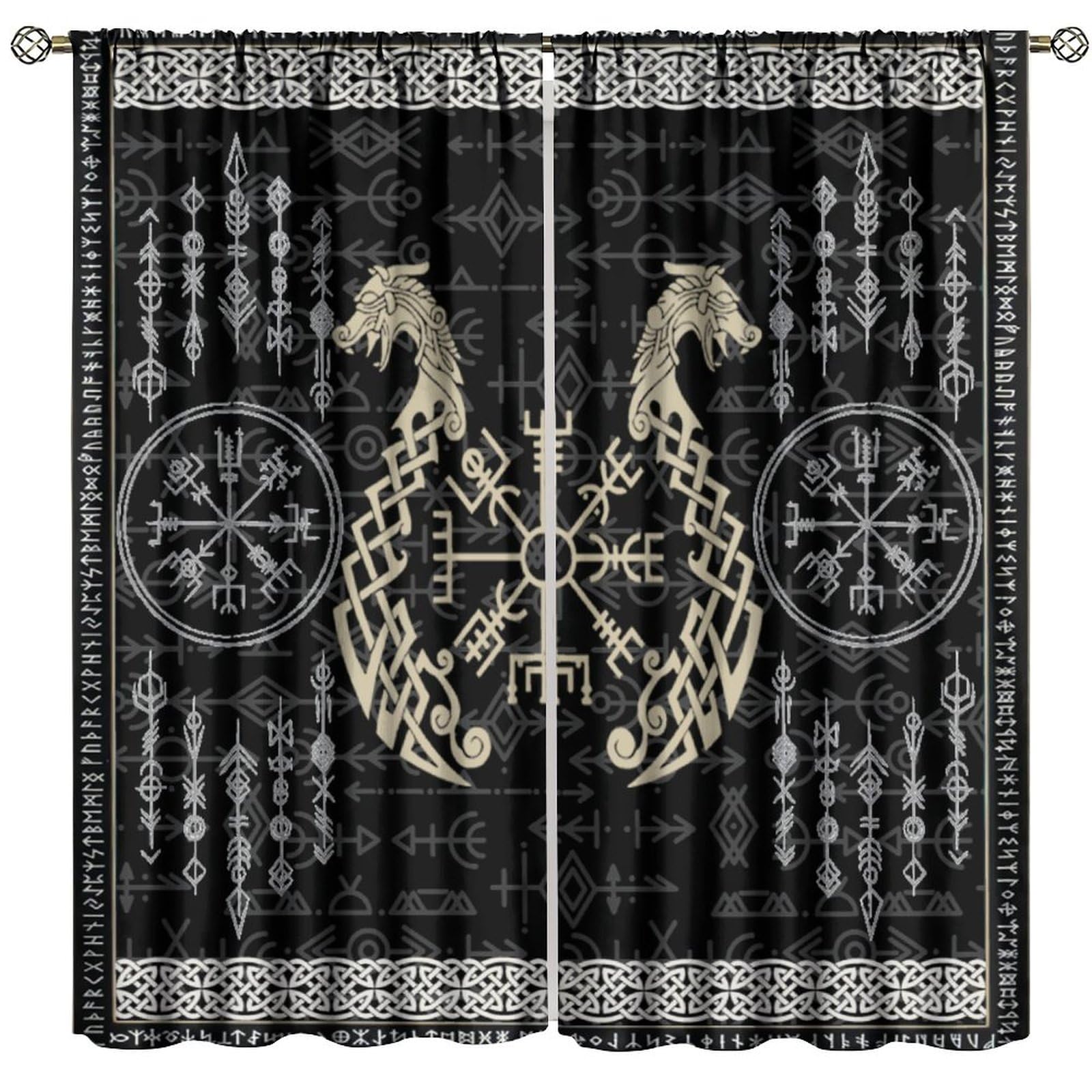XBDDZSW Nordic Vikings Print Curtain Celtic Rune Scandinavian Aesthetic Mythology Grunge Old Sign Print Window Drapes 2 Panel Sets,42x45 Inch Decor