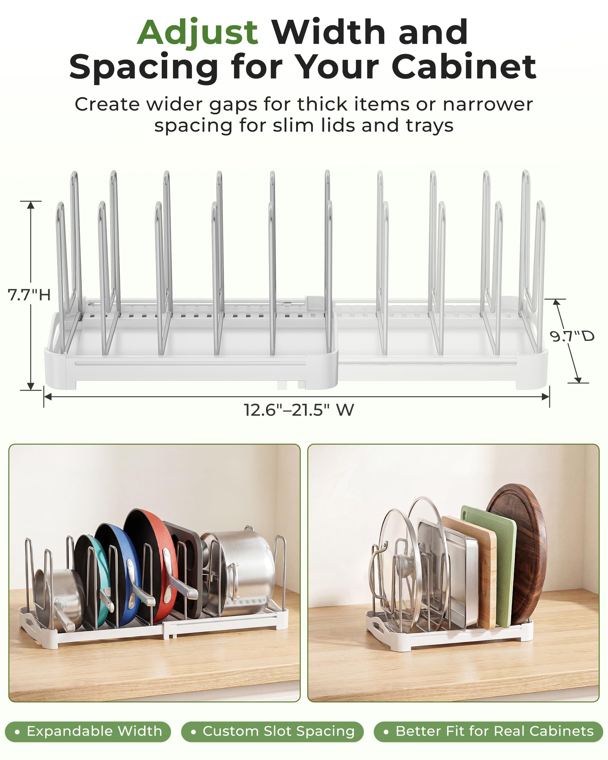 EVERIE Regulowany organizer na naczynia do pieczenia, stojak na pokrywkę garnków, foremek do ciasta, desek do krojenia, maty, naczyń kuchennych, GS02SS, głębokość 18 cm na 30 cm do 50 cm szerokości