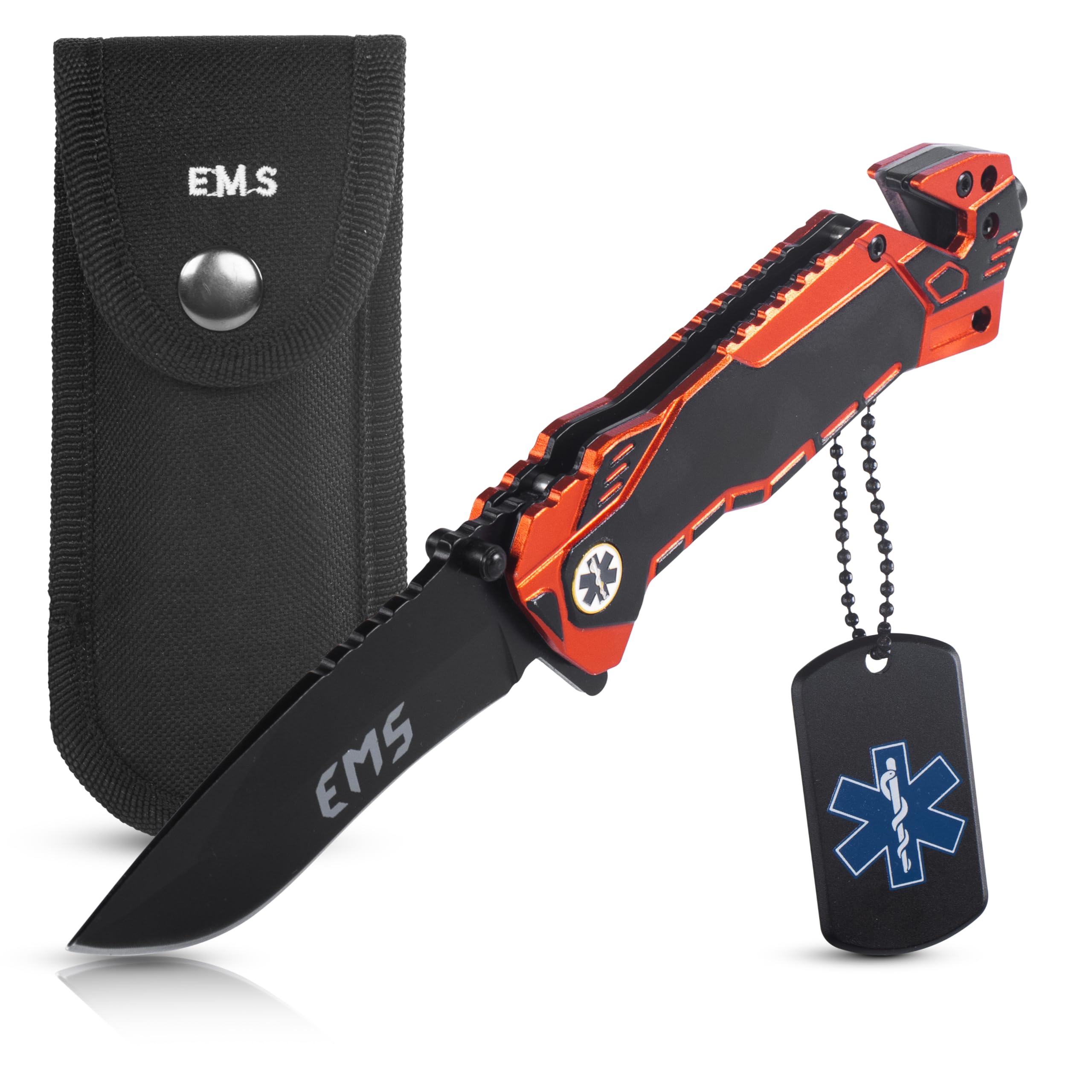 KOSxBO Rescue Knife EMS Rettungsmesser mit Glasbrecher und Gurtschneider inkl. Messertasche und Dog Tag - Messer Taschenmesser Outdoor Messer Klappmesser Survival Camping