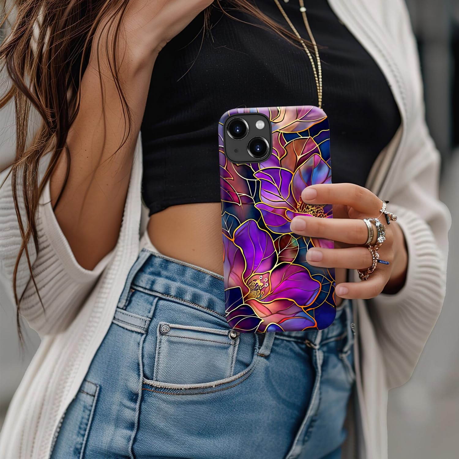 for iPhone 15 Plus Case - Wireless Charging Compatible - Dual-Layer Hard Shell + Silicone Cover - Shockproof Protective Phone Case with Stylish Designs for Women - Blooming Purple Flowers
