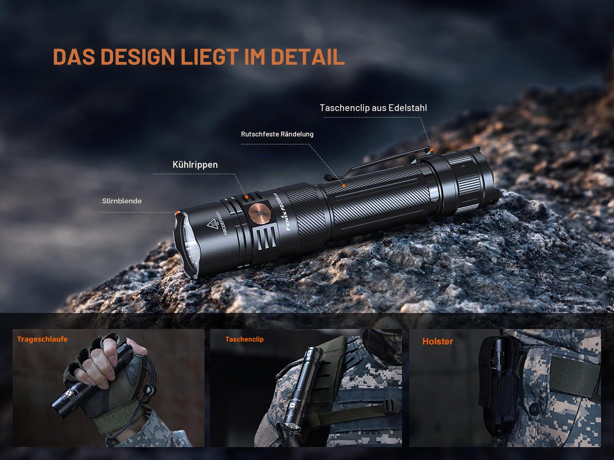 Fenix PD36R ACE Wiederaufladbare kompakte Sicherheits-Taschenlampe, 3000 Lumen, 415 m, max. 63 Std. Einstellfunktion, wählbare Profile, drehbare USB-Port-Abdeckung, IP68